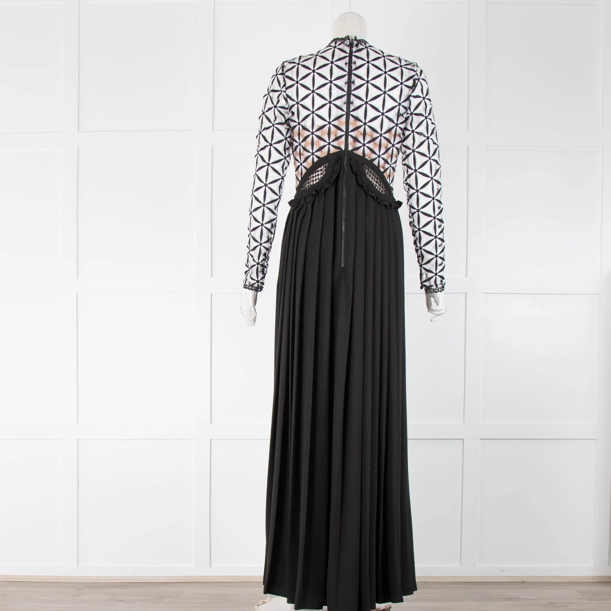 Self-Portrait Black Long Pleated Dress With Black and White Lazer Cut Top - Image 3