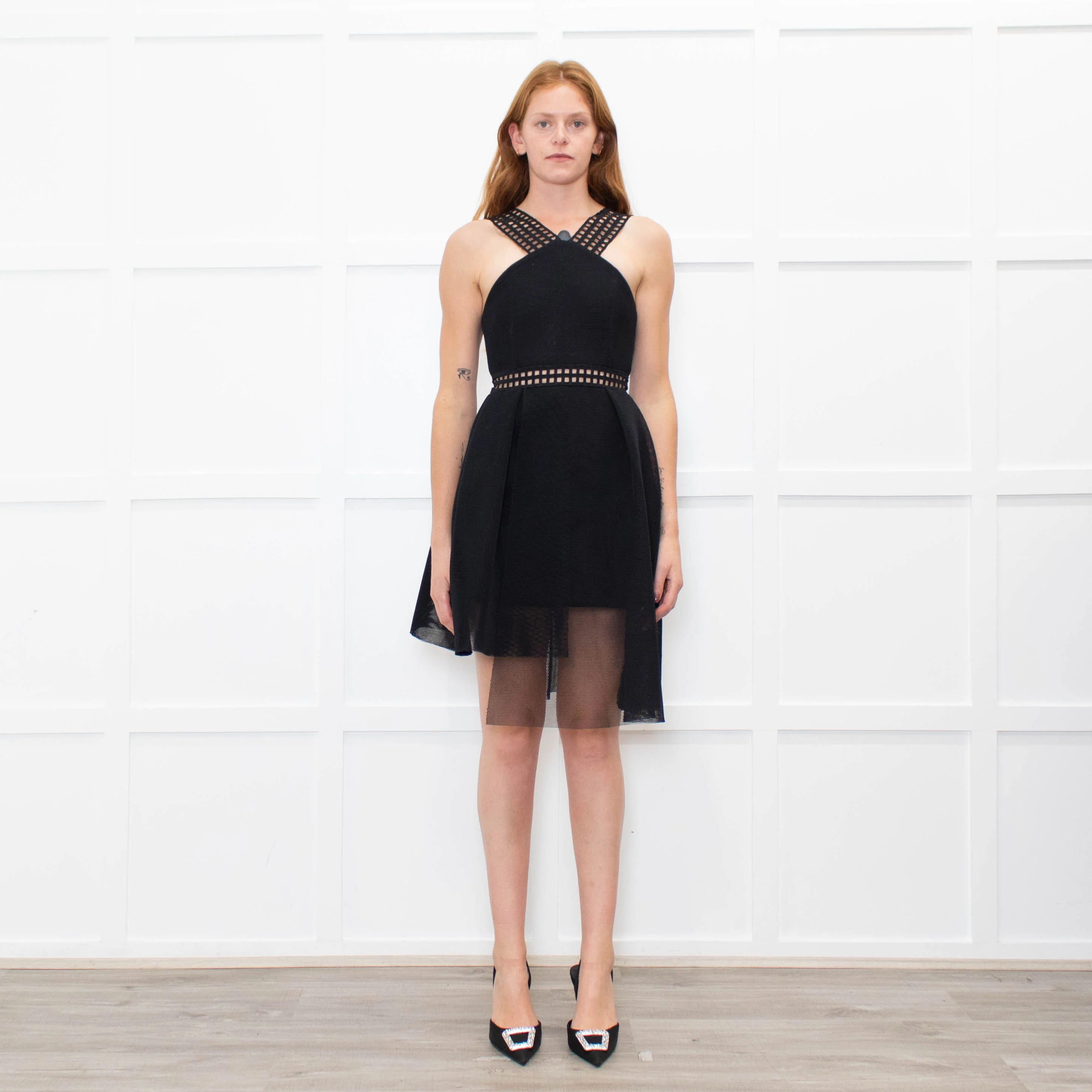 Self-Portrait Black Net Lace Shoulder Mini Dress