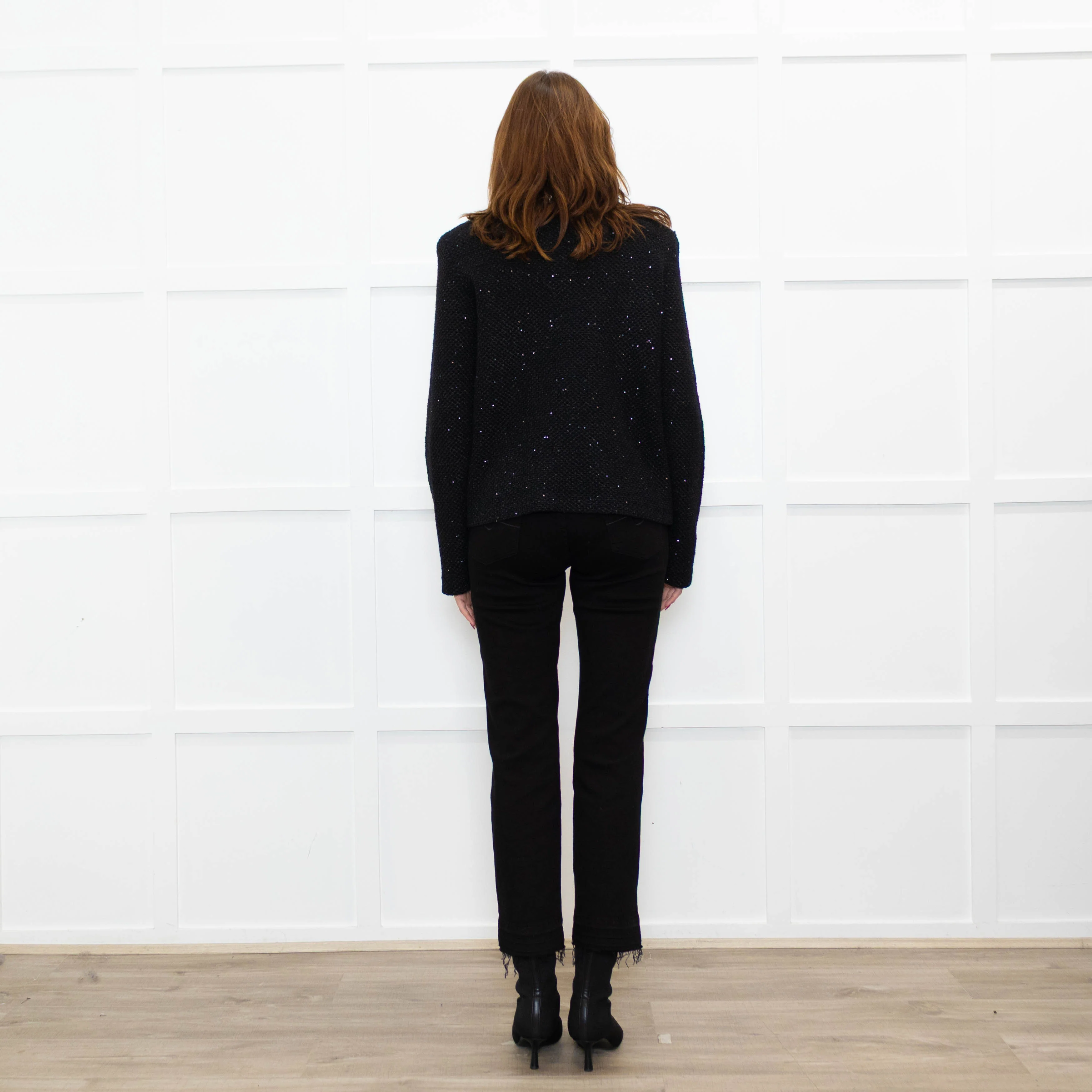 Self Portrait Black On Black Micro Sequins Fabric White Diamante Detail Tweedy Jacket - Image 5