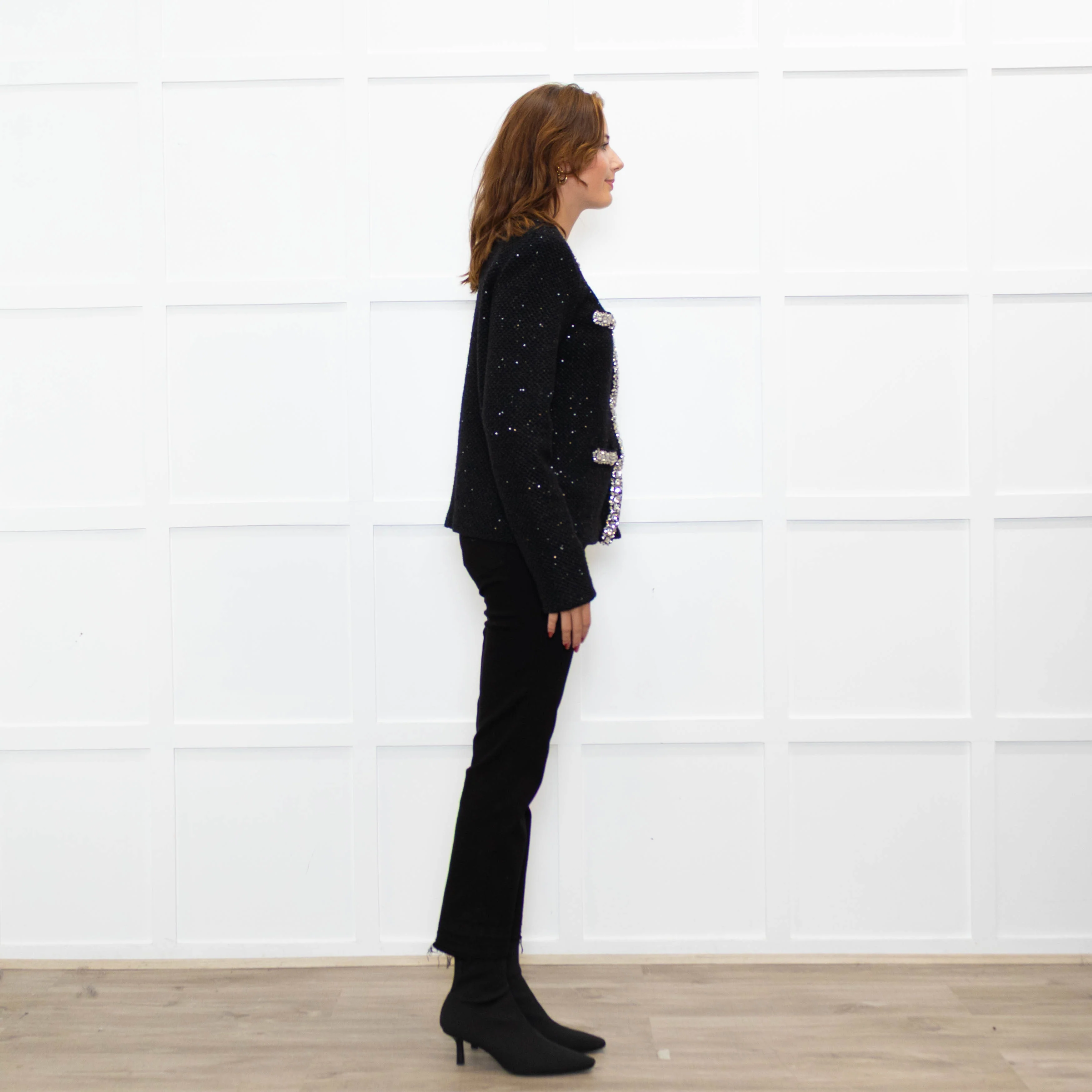 Self Portrait Black On Black Micro Sequins Fabric White Diamante Detail Tweedy Jacket - Image 6