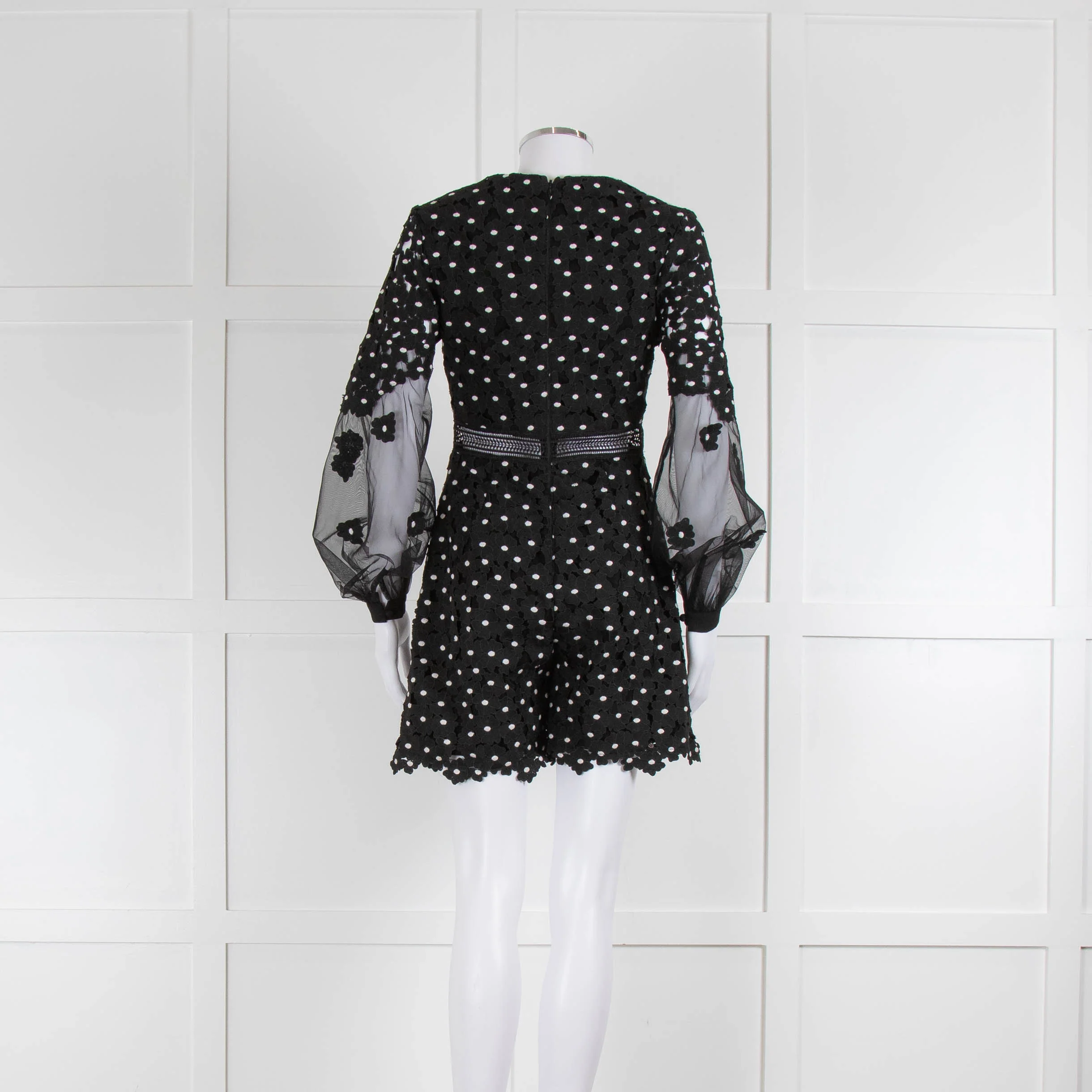 Self-Portrait Black White Daisy Lace Sheer Sleeve Shorts Jumpsuit - Image 3