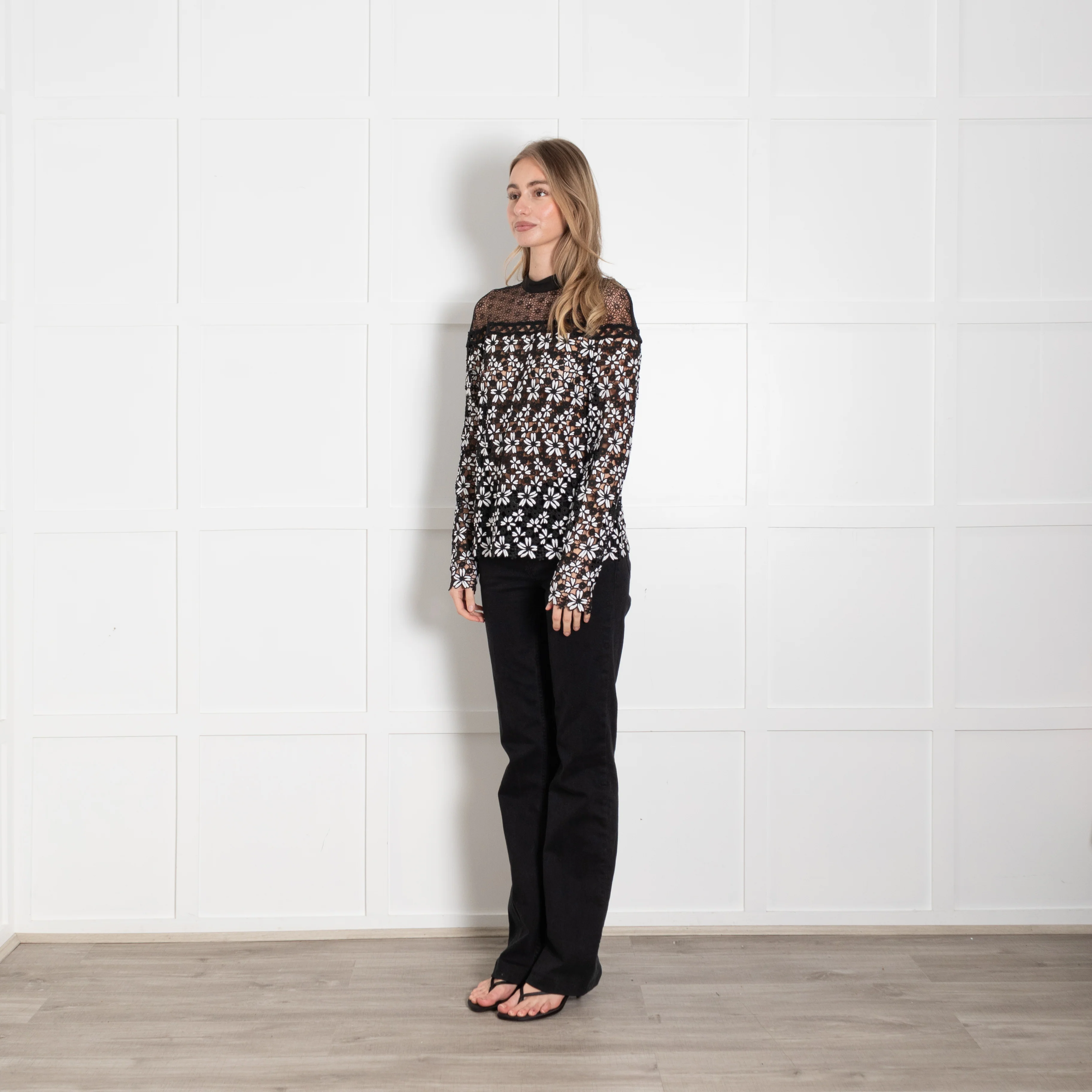 Self Portrait Black White Lace Floral Long Sleeve Top - Image 3