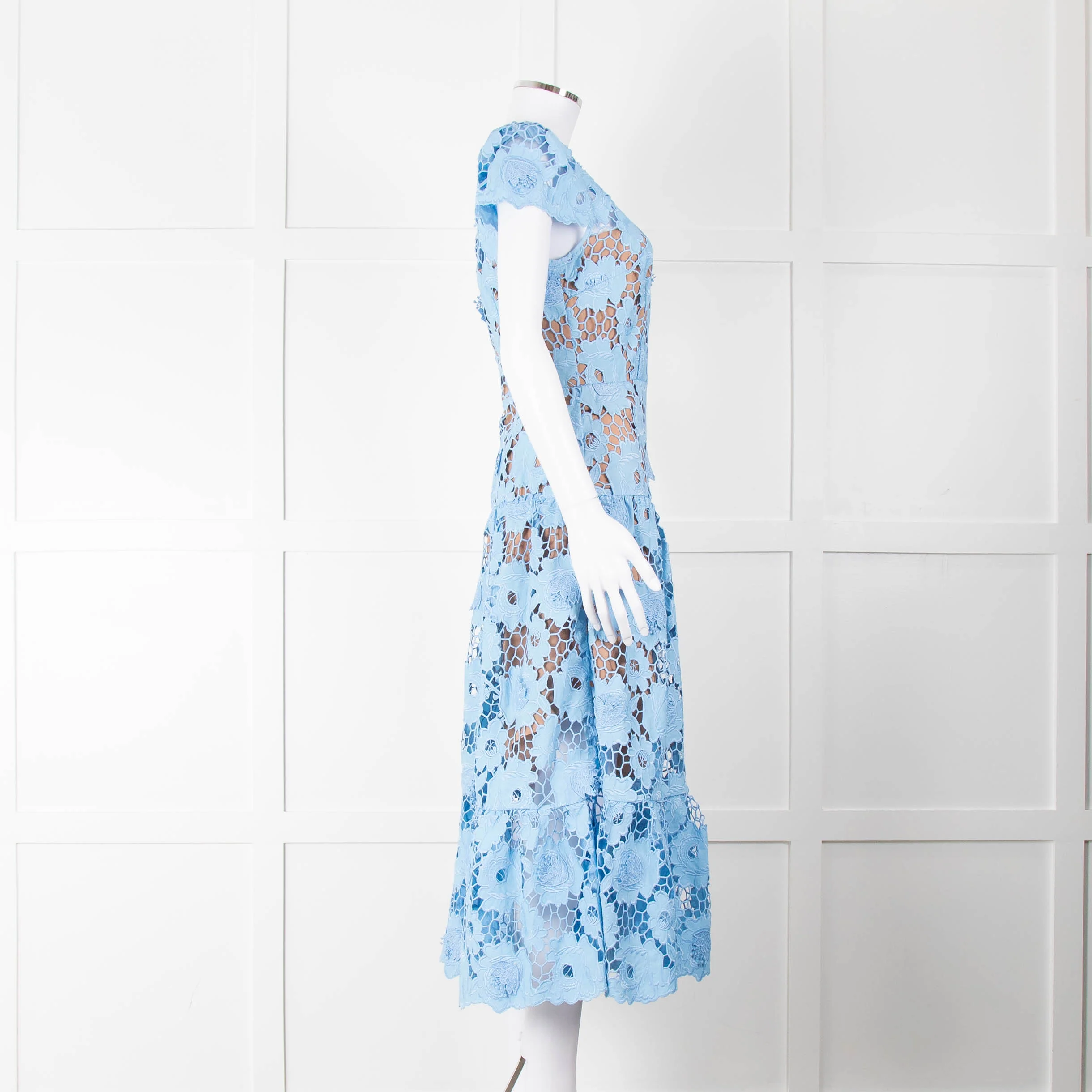 Self-Portrait Blue Emboidered Lace Short Sleeve Midi Dress - Image 3