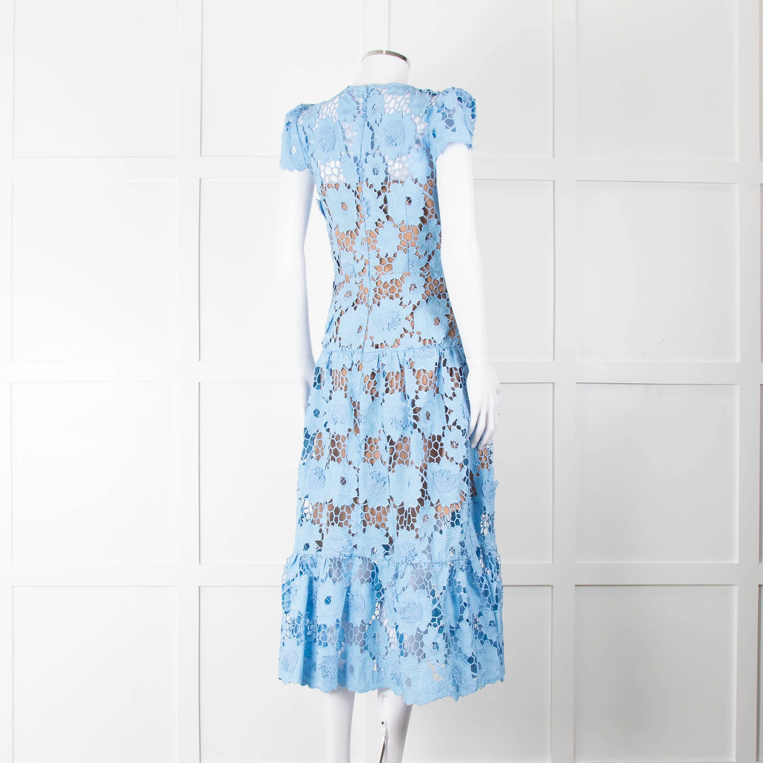Self-Portrait Blue Emboidered Lace Short Sleeve Midi Dress - Image 4