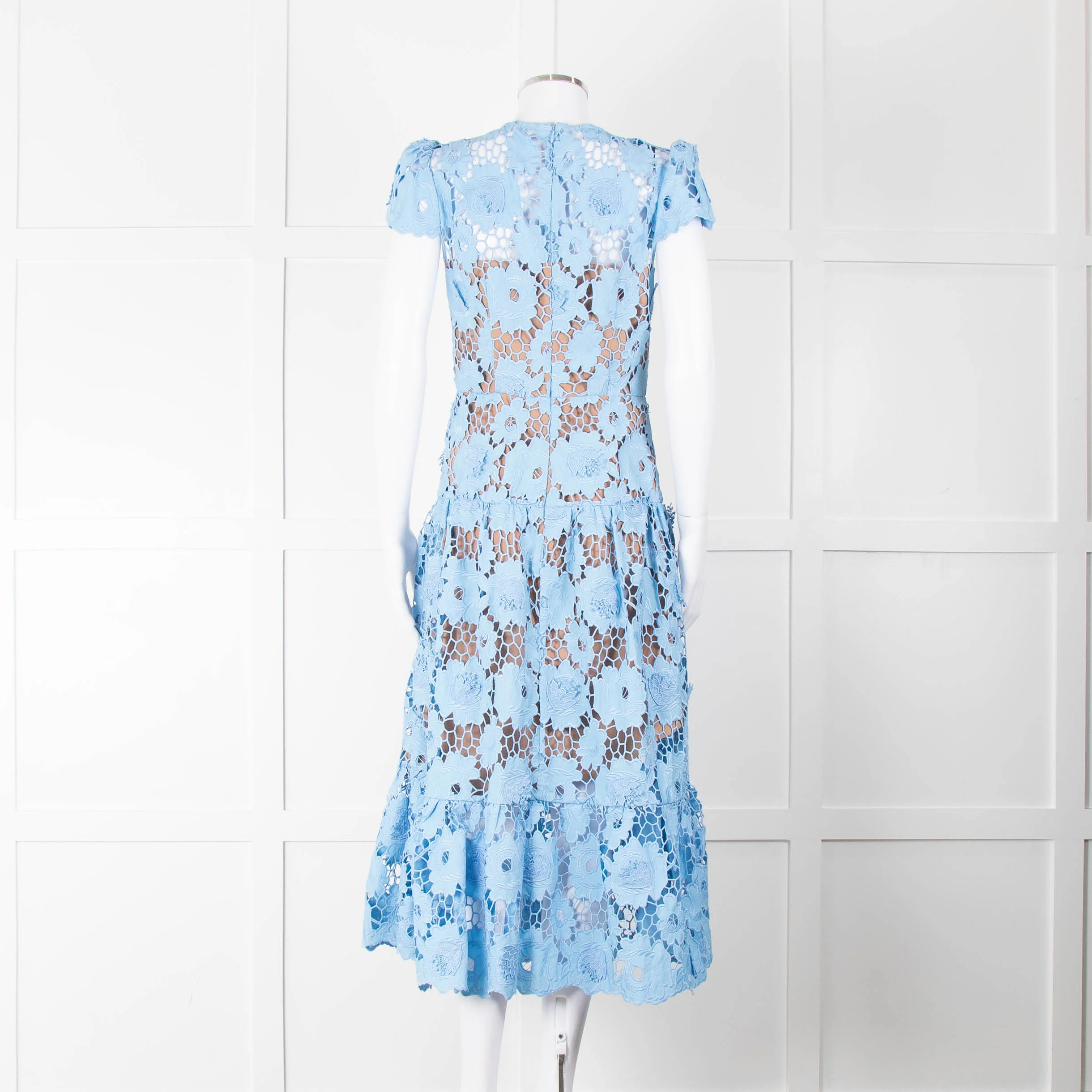 Self-Portrait Blue Emboidered Lace Short Sleeve Midi Dress - Image 5
