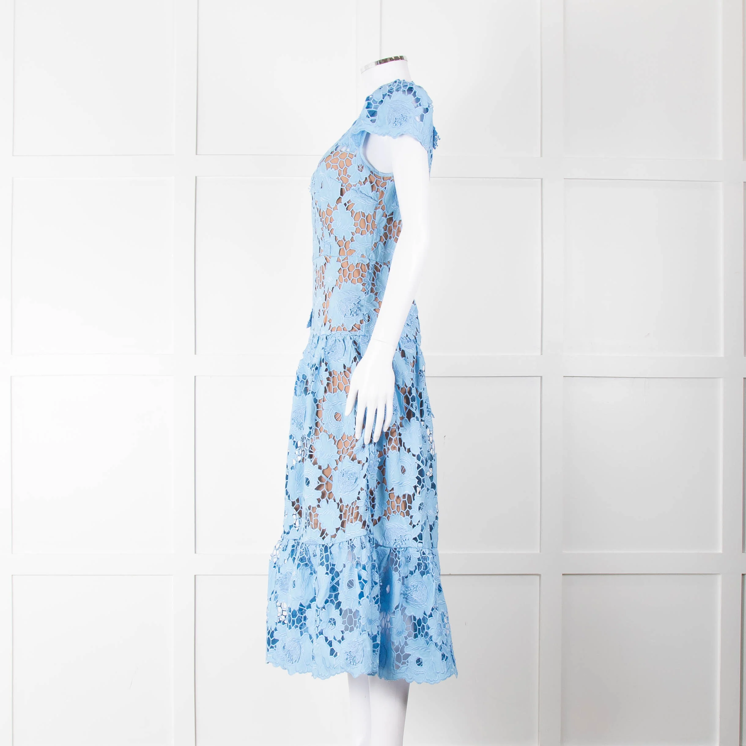 Self-Portrait Blue Emboidered Lace Short Sleeve Midi Dress - Image 7