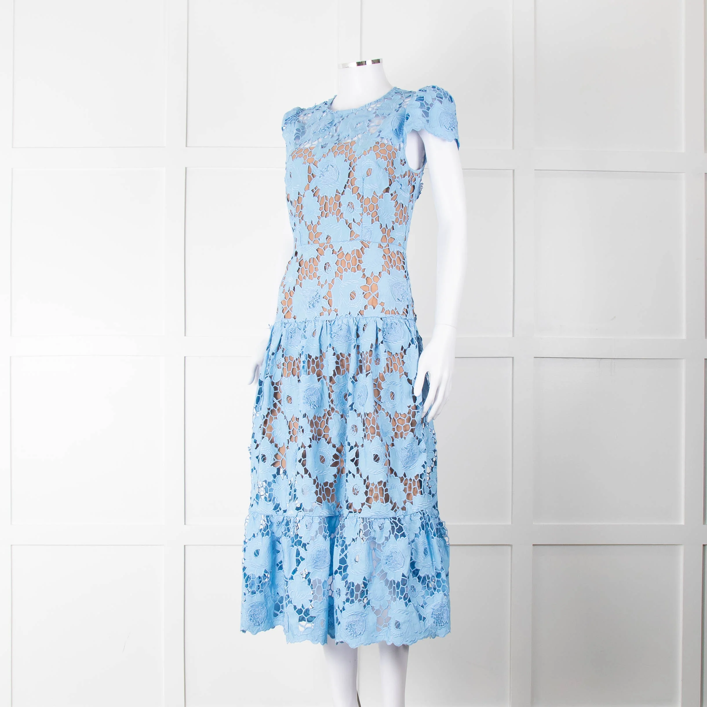 Self-Portrait Blue Emboidered Lace Short Sleeve Midi Dress - Image 8