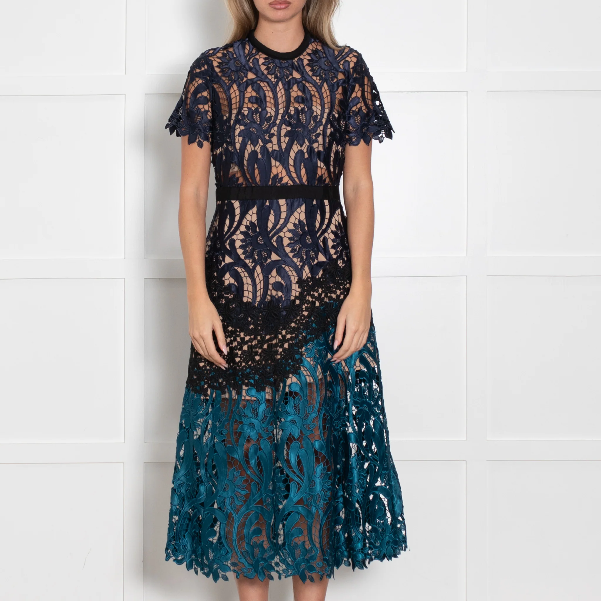 Self Portrait Blue Turquoise Black Lace Midi Dress - Image 2