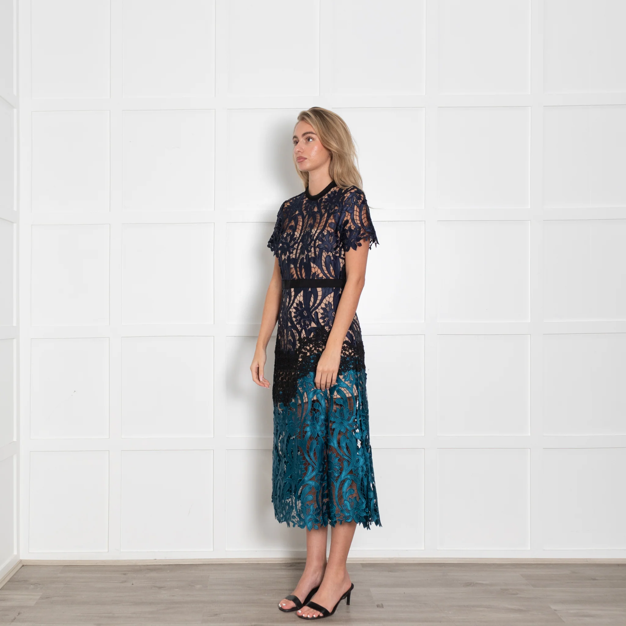 Self Portrait Blue Turquoise Black Lace Midi Dress - Image 3