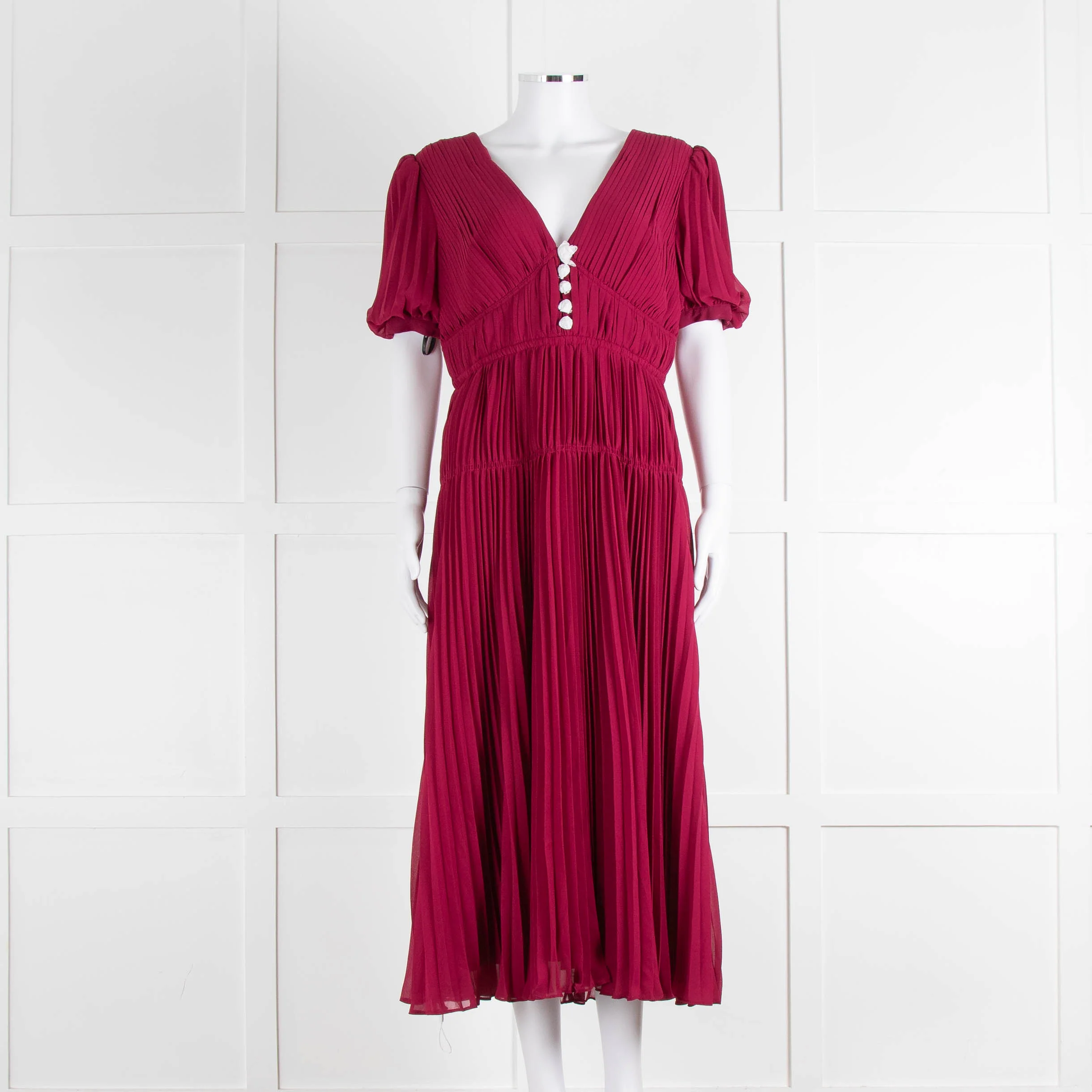 Self Portrait Burgundy Pleated Diamante Button Short Sleeve Dress