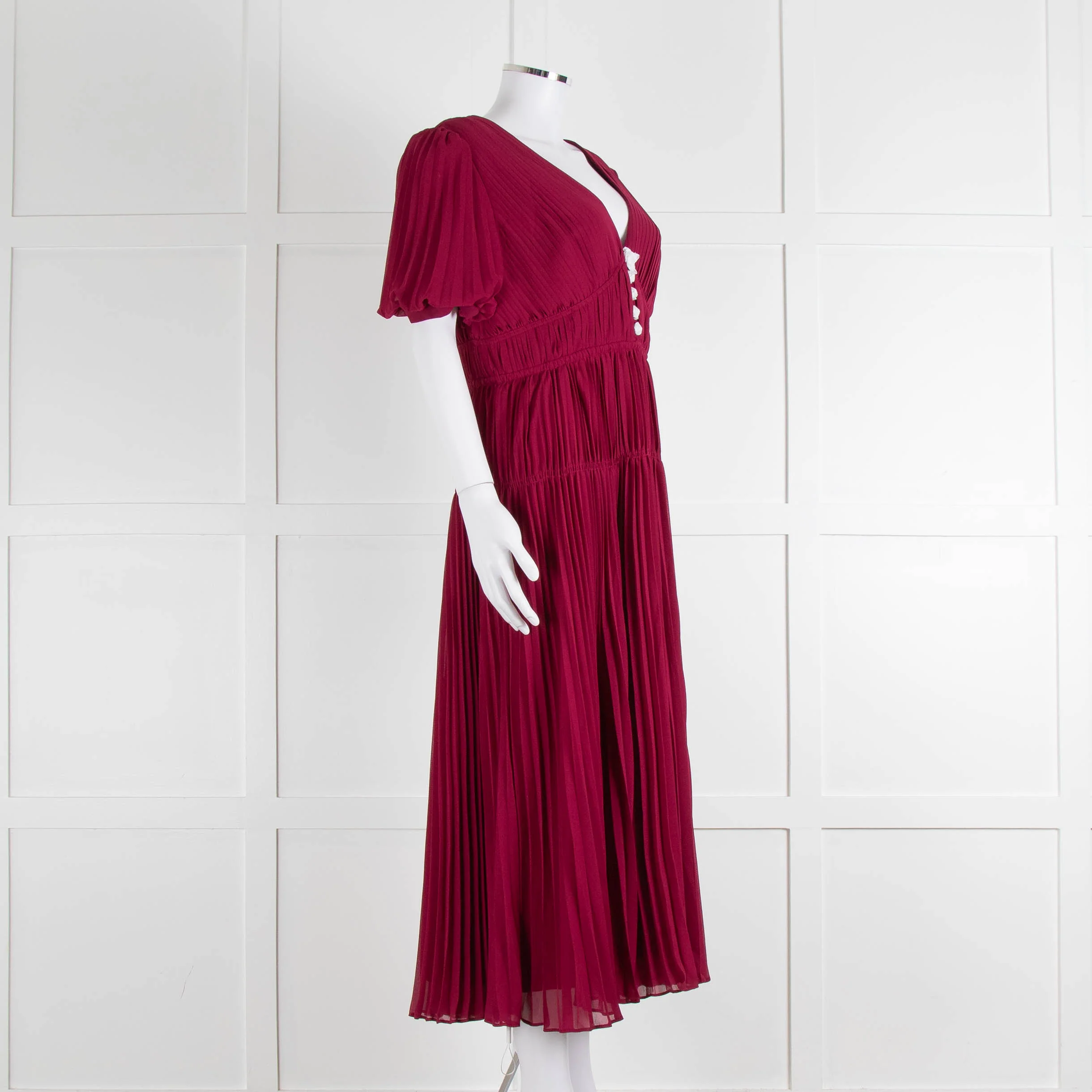Self Portrait Burgundy Pleated Diamante Button Short Sleeve Dress - Image 2
