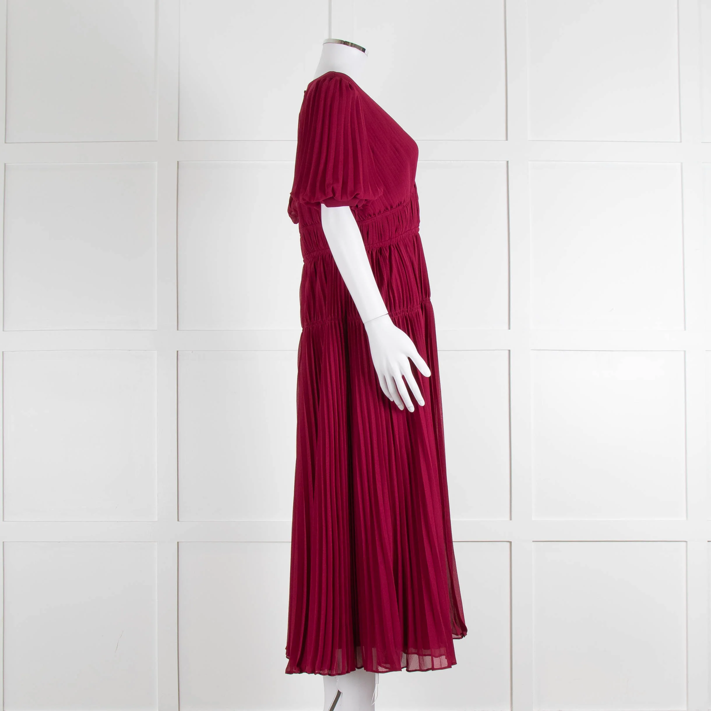 Self Portrait Burgundy Pleated Diamante Button Short Sleeve Dress - Image 3