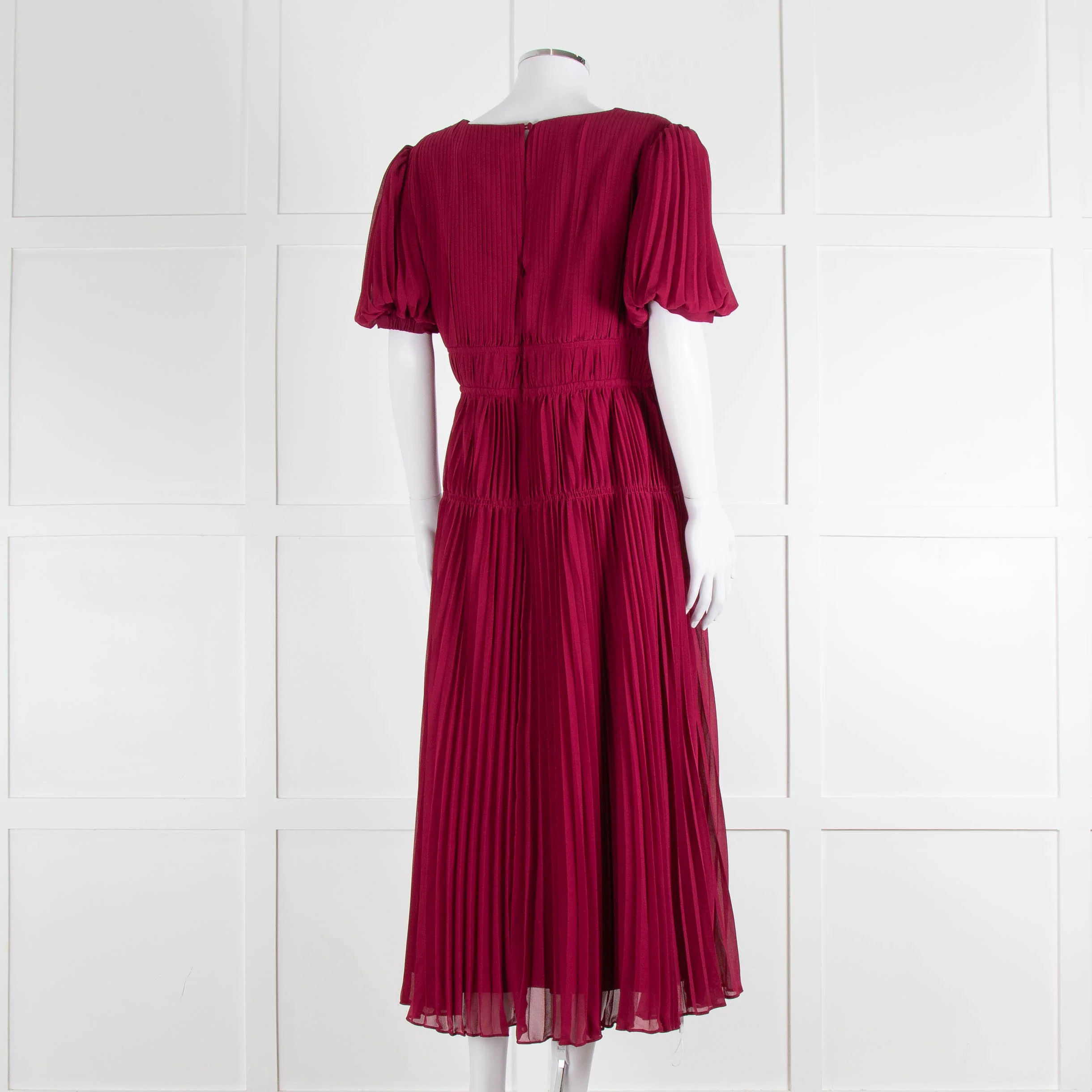Self Portrait Burgundy Pleated Diamante Button Short Sleeve Dress - Image 4
