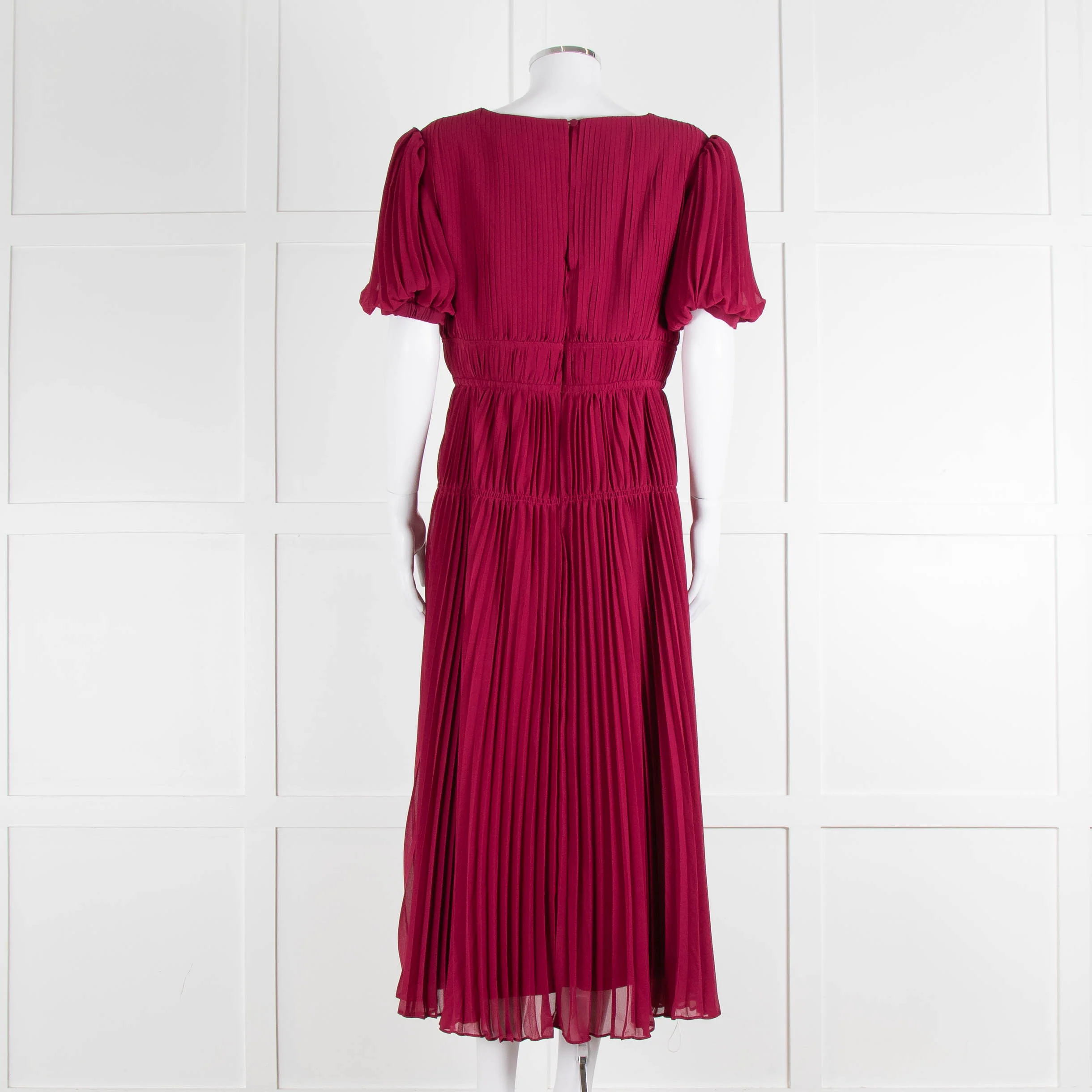 Self Portrait Burgundy Pleated Diamante Button Short Sleeve Dress - Image 5