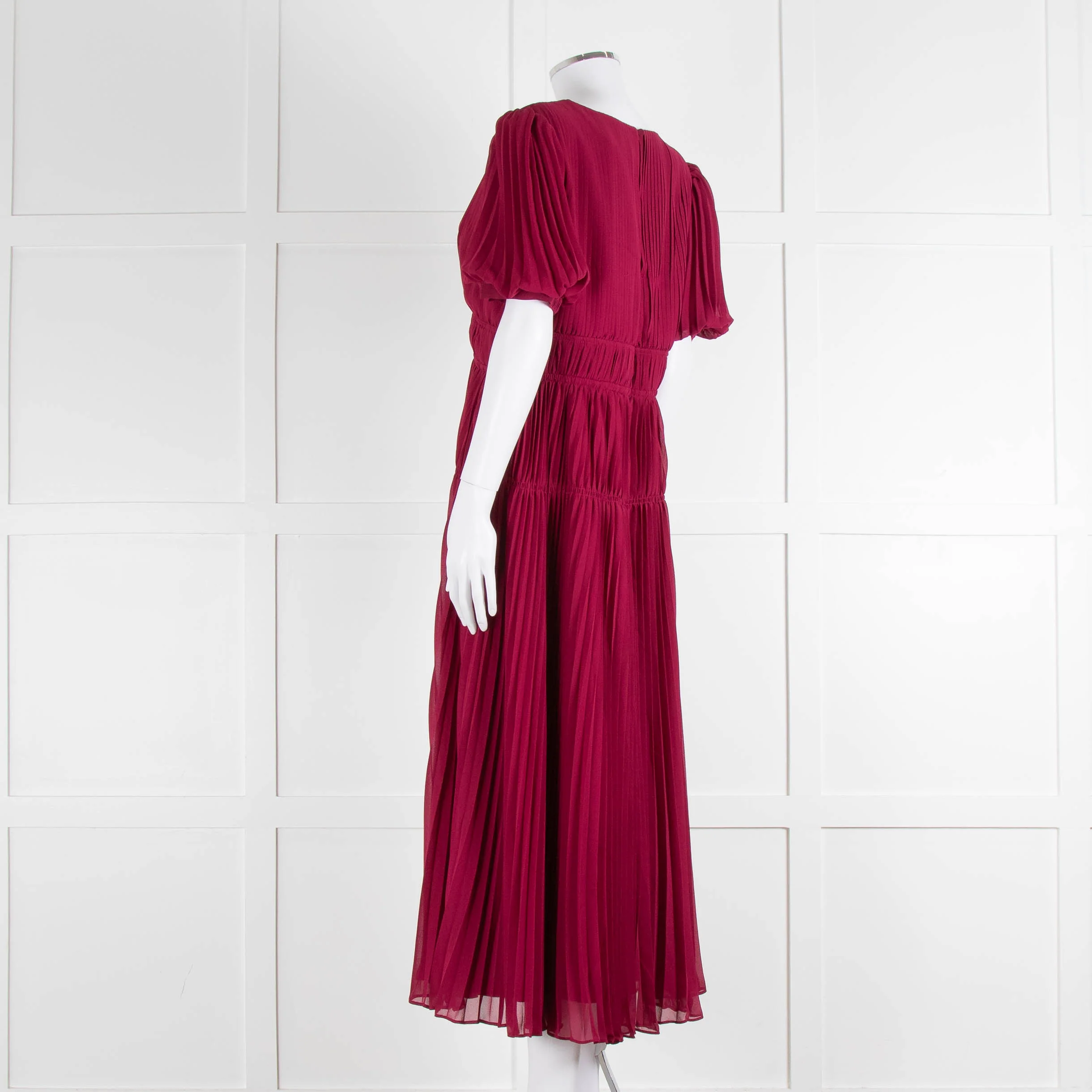 Self Portrait Burgundy Pleated Diamante Button Short Sleeve Dress - Image 6