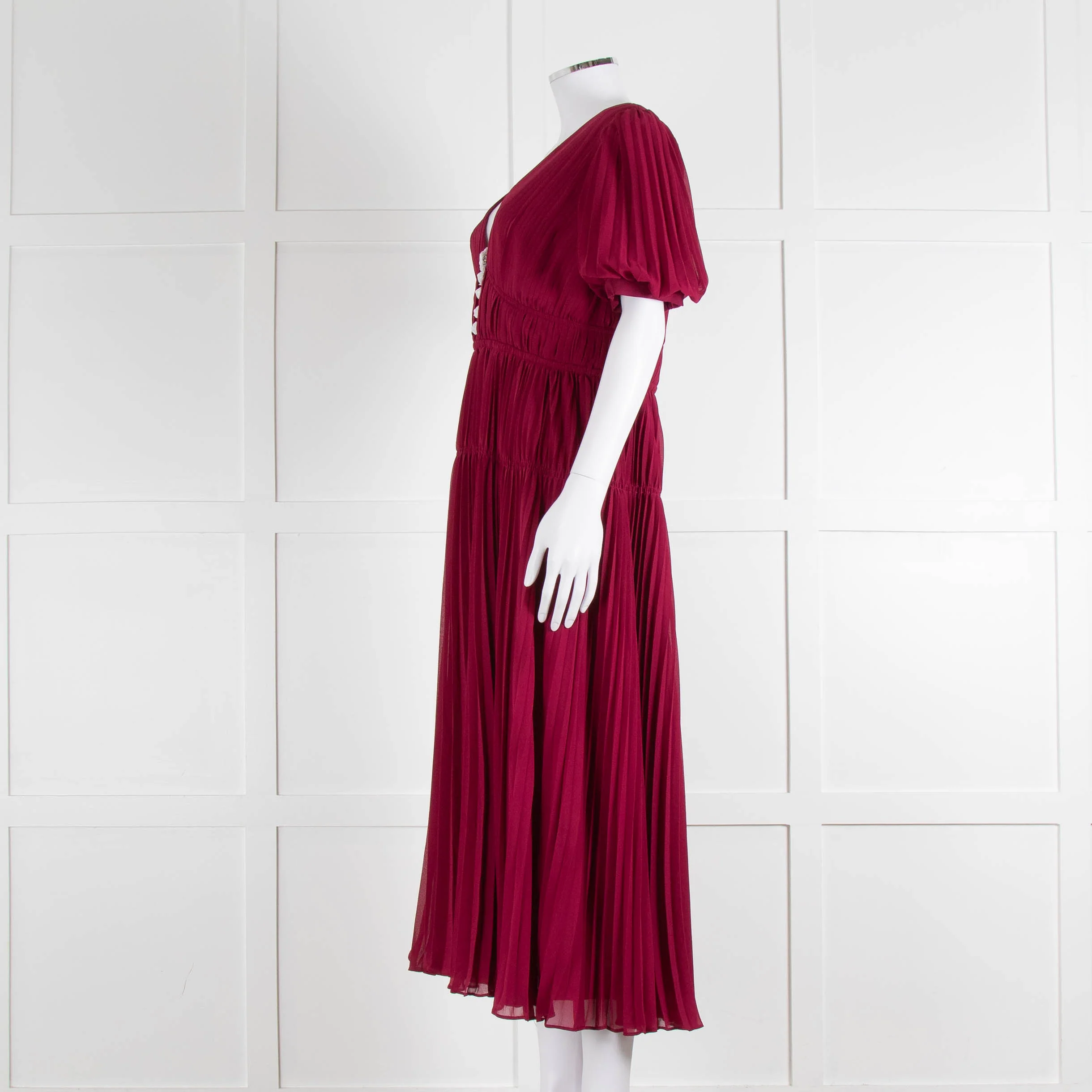 Self Portrait Burgundy Pleated Diamante Button Short Sleeve Dress - Image 7