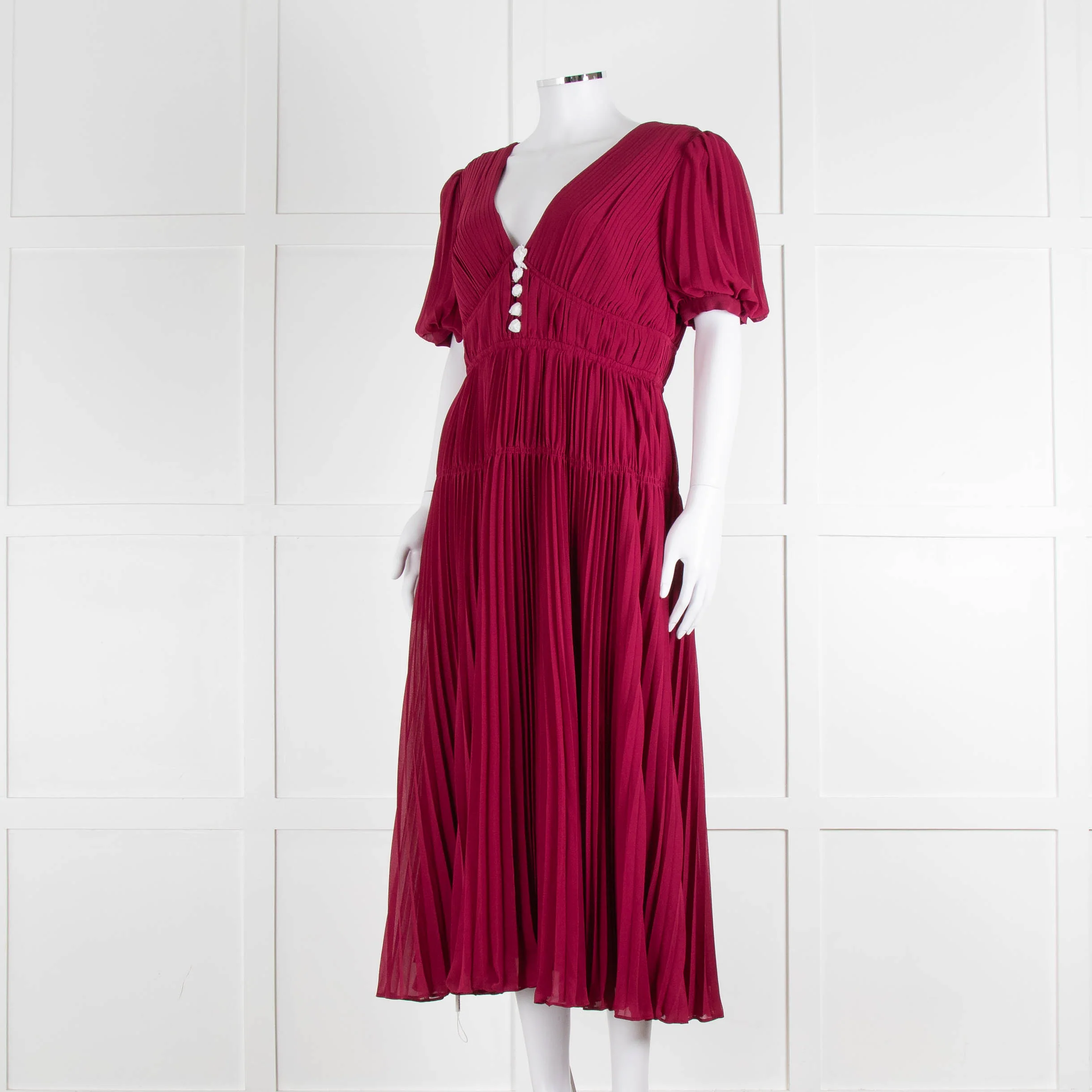 Self Portrait Burgundy Pleated Diamante Button Short Sleeve Dress - Image 8