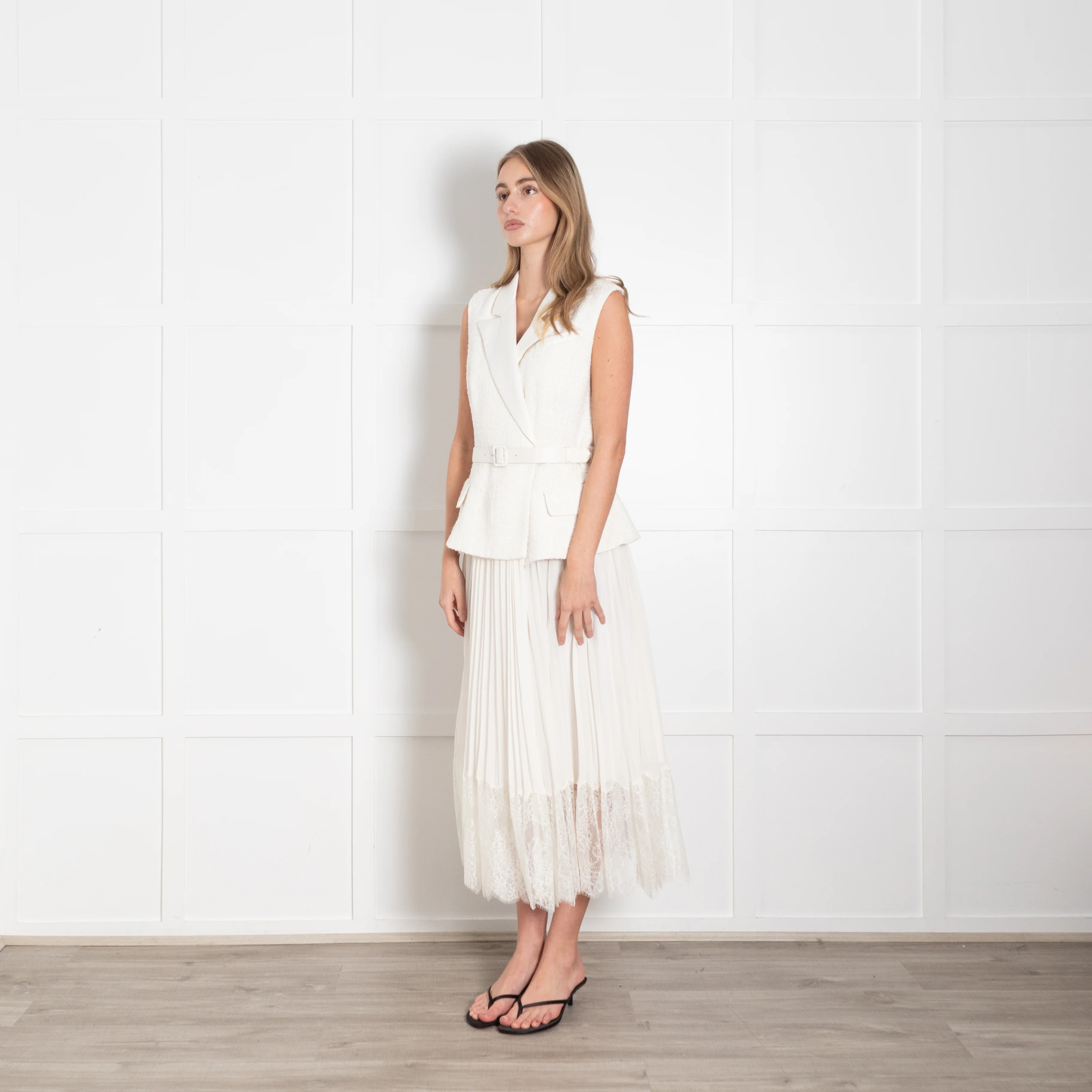 Self Portrait Cream Tailored Boucle And Chiffon Belted Dress - Image 3