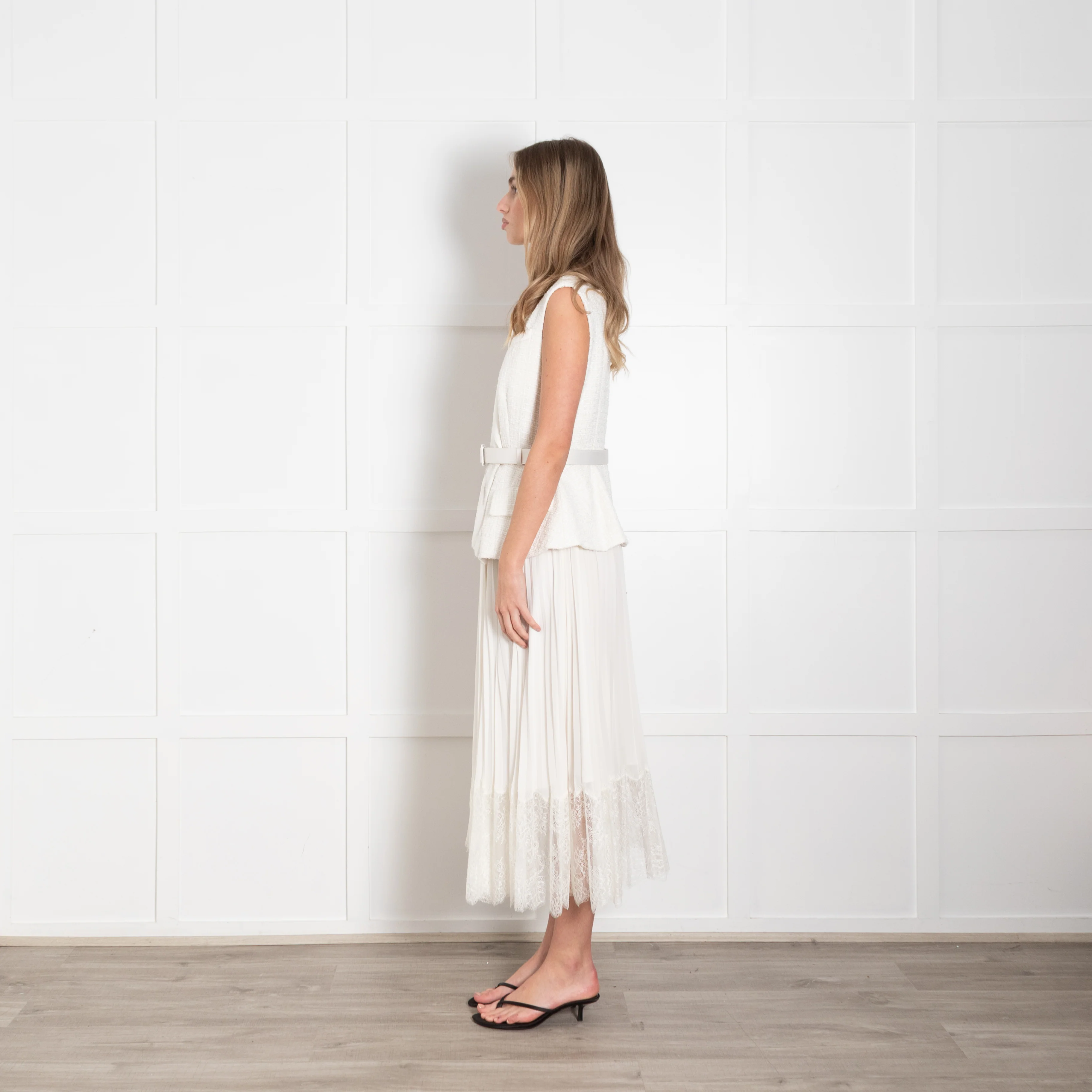 Self Portrait Cream Tailored Boucle And Chiffon Belted Dress - Image 4