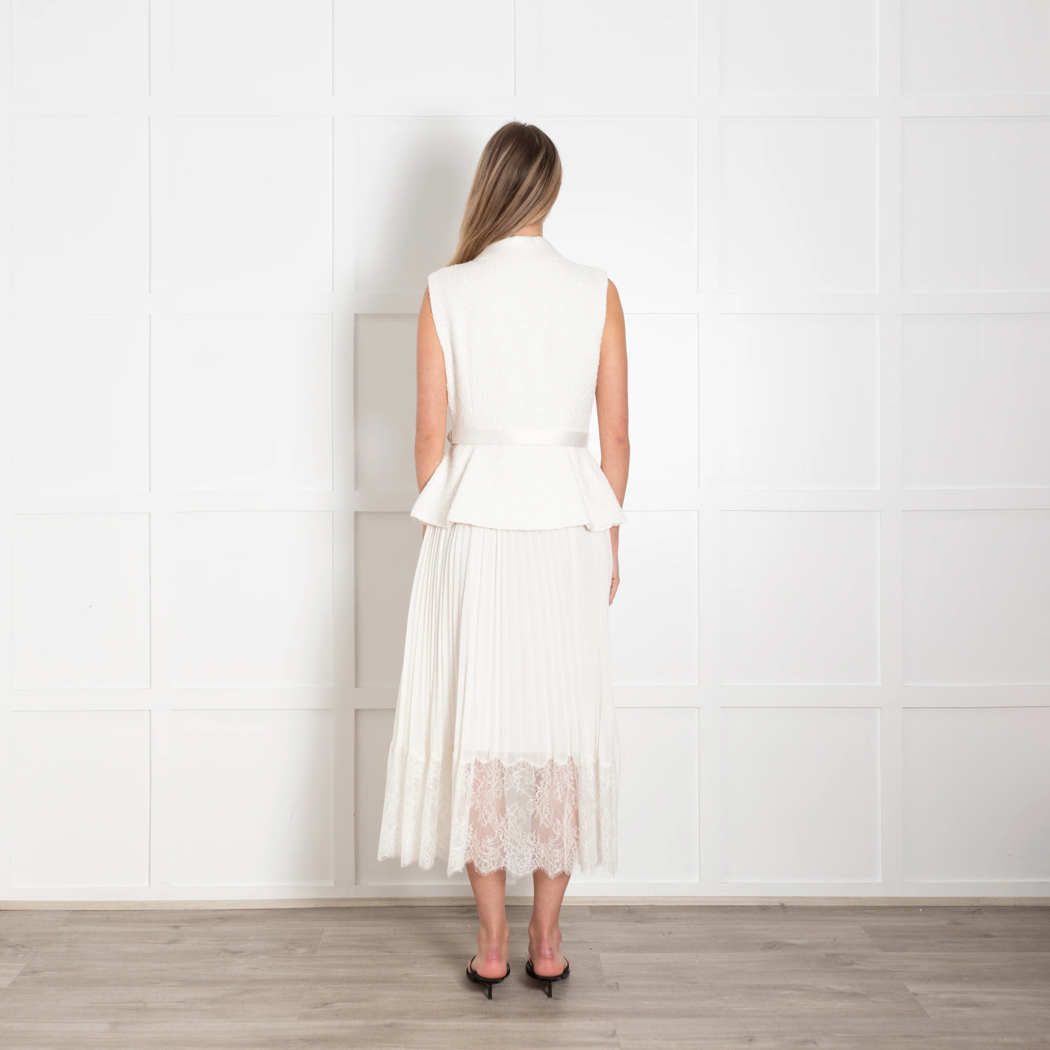 Self Portrait Cream Tailored Boucle And Chiffon Belted Dress - Image 5