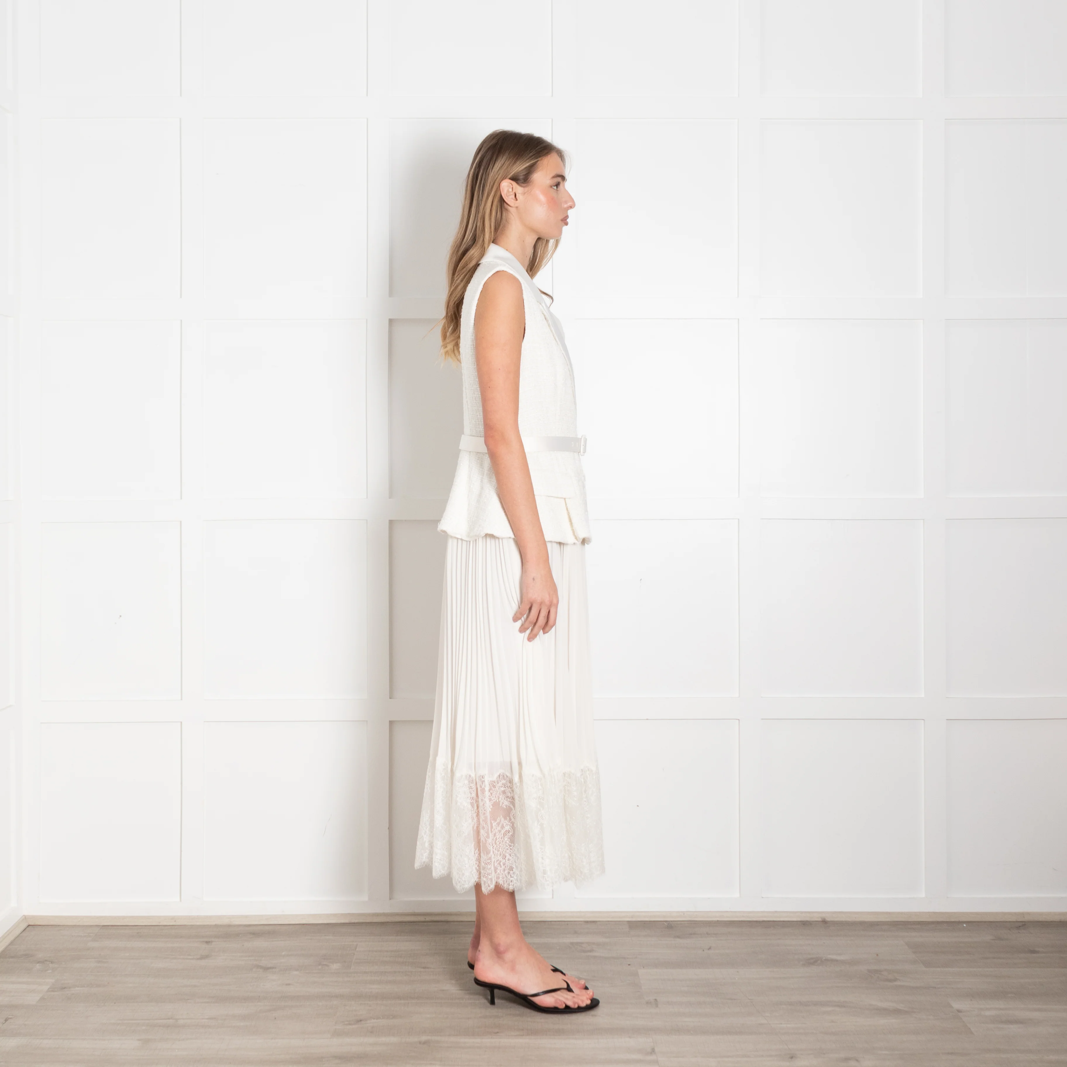 Self Portrait Cream Tailored Boucle And Chiffon Belted Dress - Image 6
