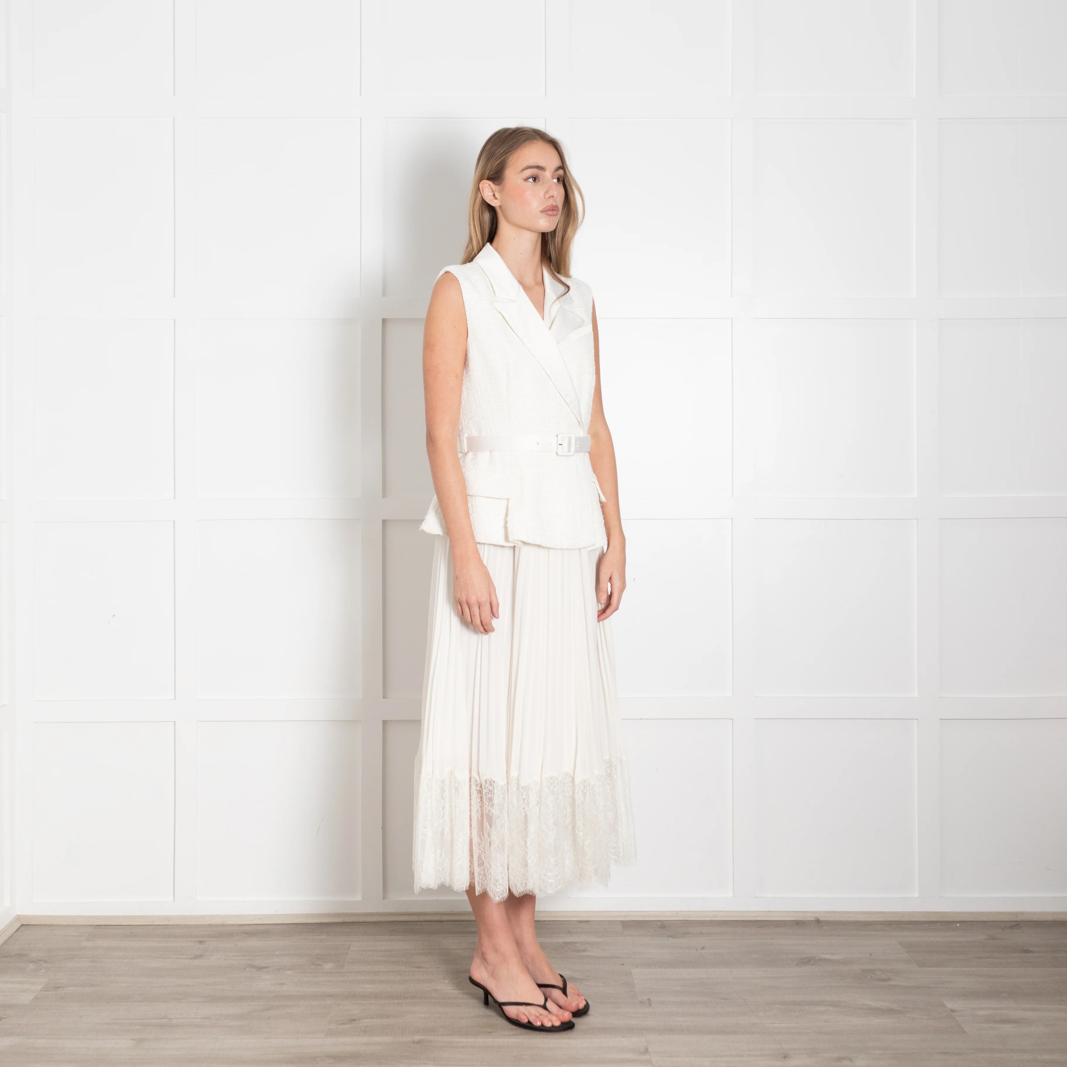 Self Portrait Cream Tailored Boucle And Chiffon Belted Dress - Image 7