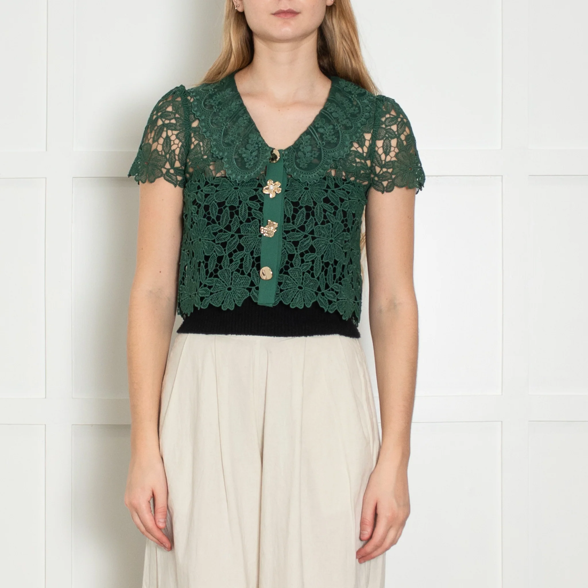 Self Portrait Green Guipure Gold Button Lace Top - Image 2