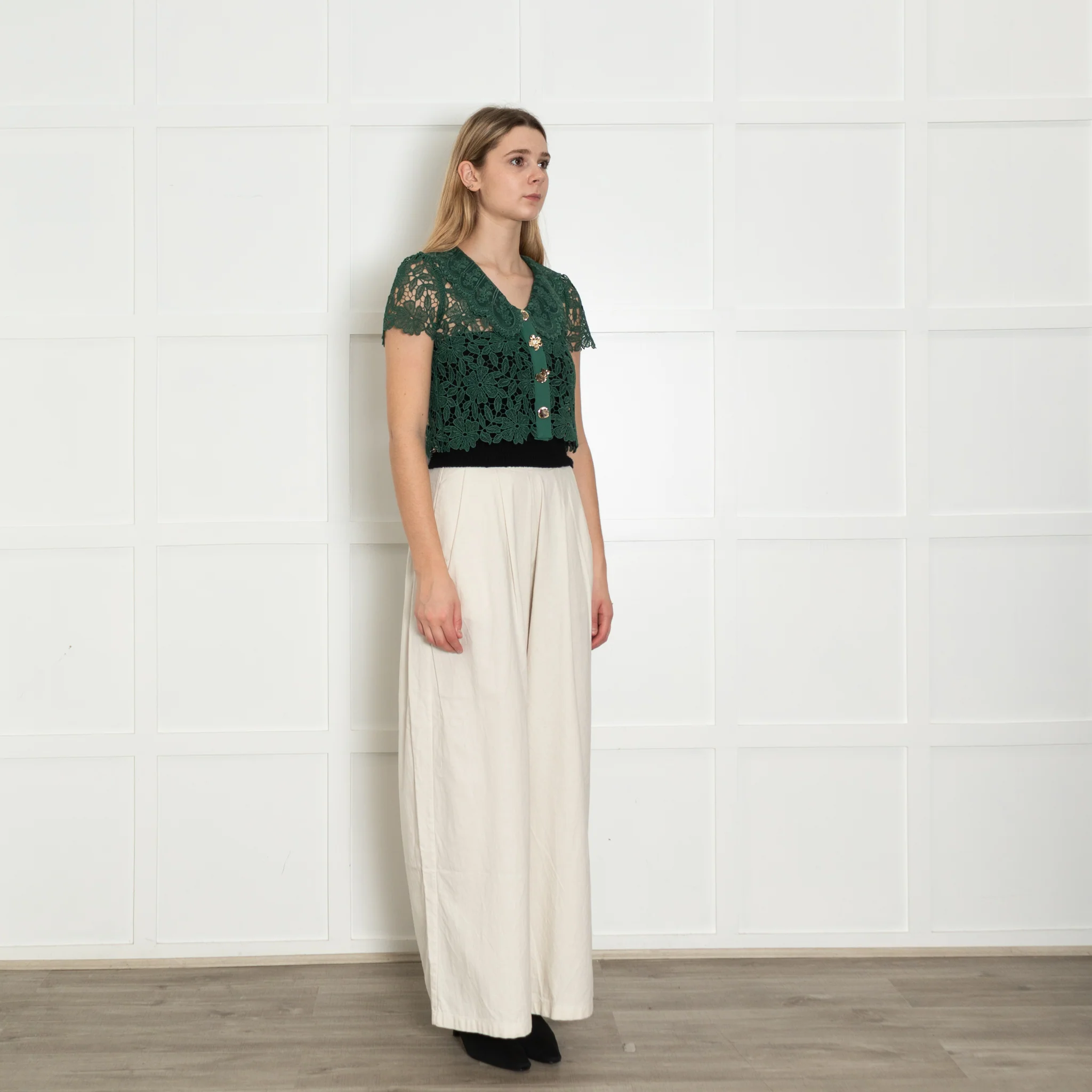Self Portrait Green Guipure Gold Button Lace Top - Image 4