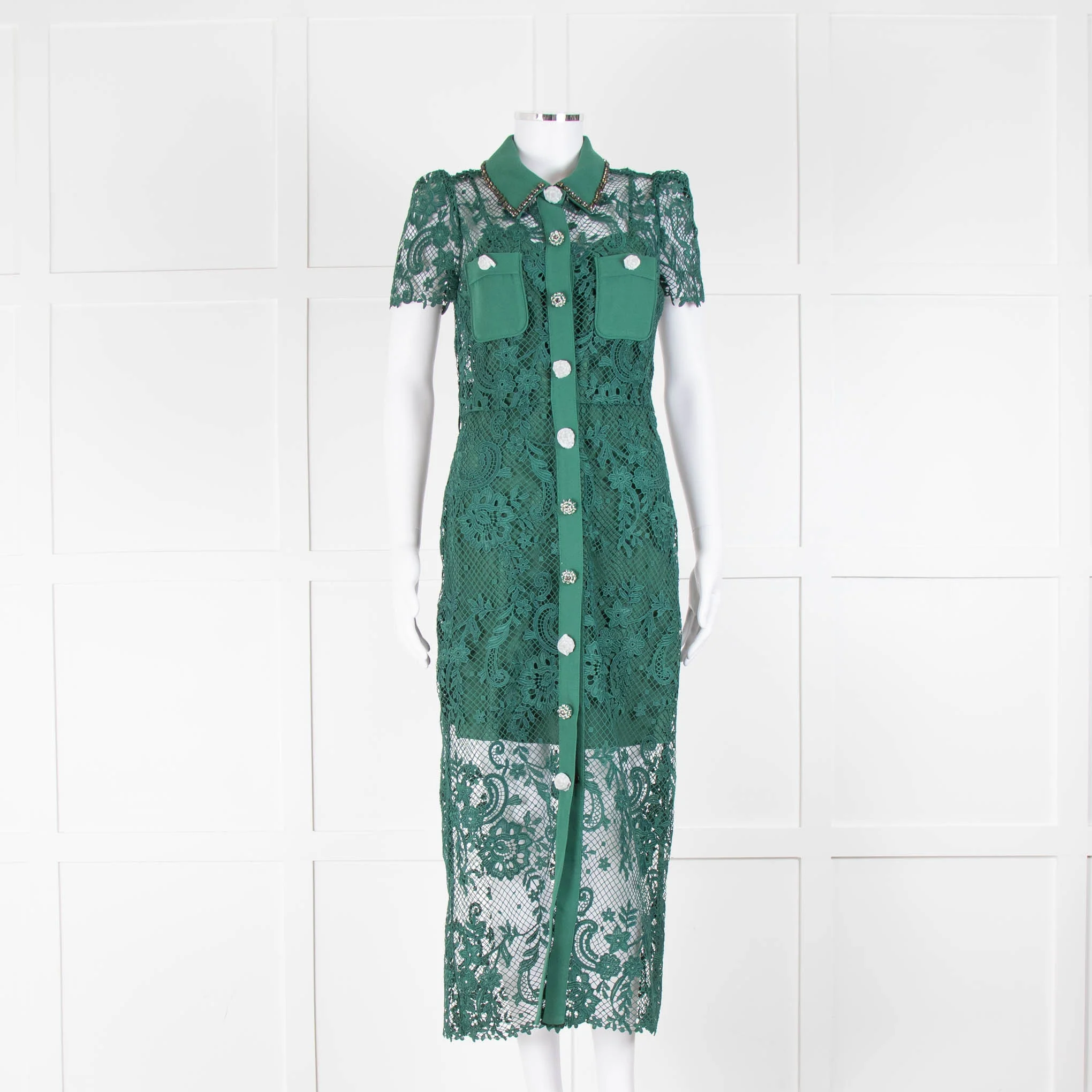 Self-Portrait Green Lace Collared Midi Dress with Jewelled Buttons
