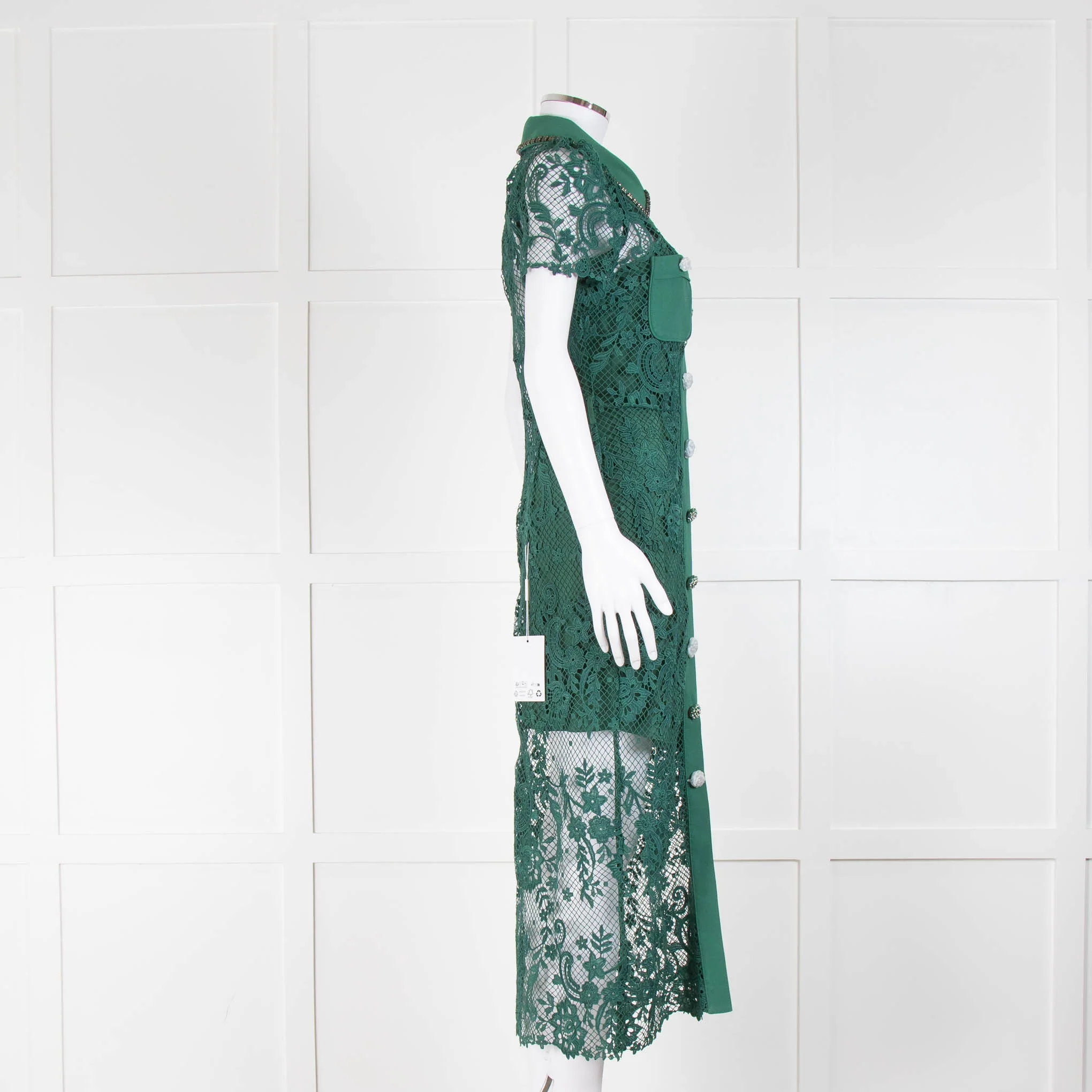 Self-Portrait Green Lace Collared Midi Dress with Jewelled Buttons - Image 2
