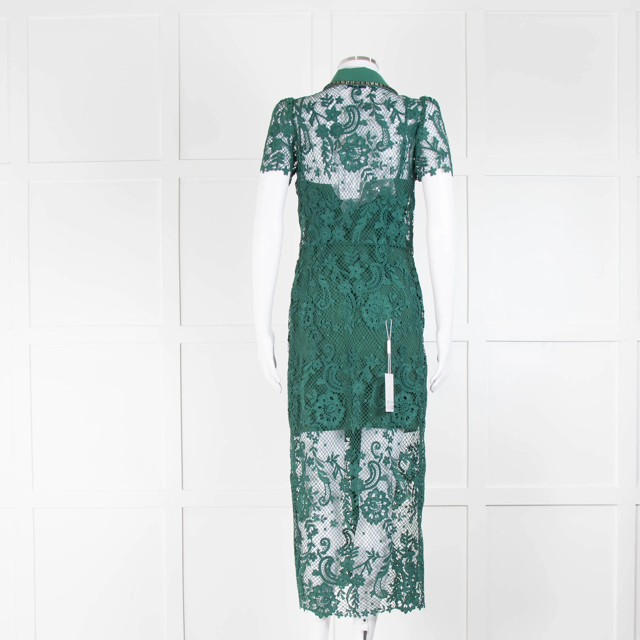 Self-Portrait Green Lace Collared Midi Dress with Jewelled Buttons - Image 3