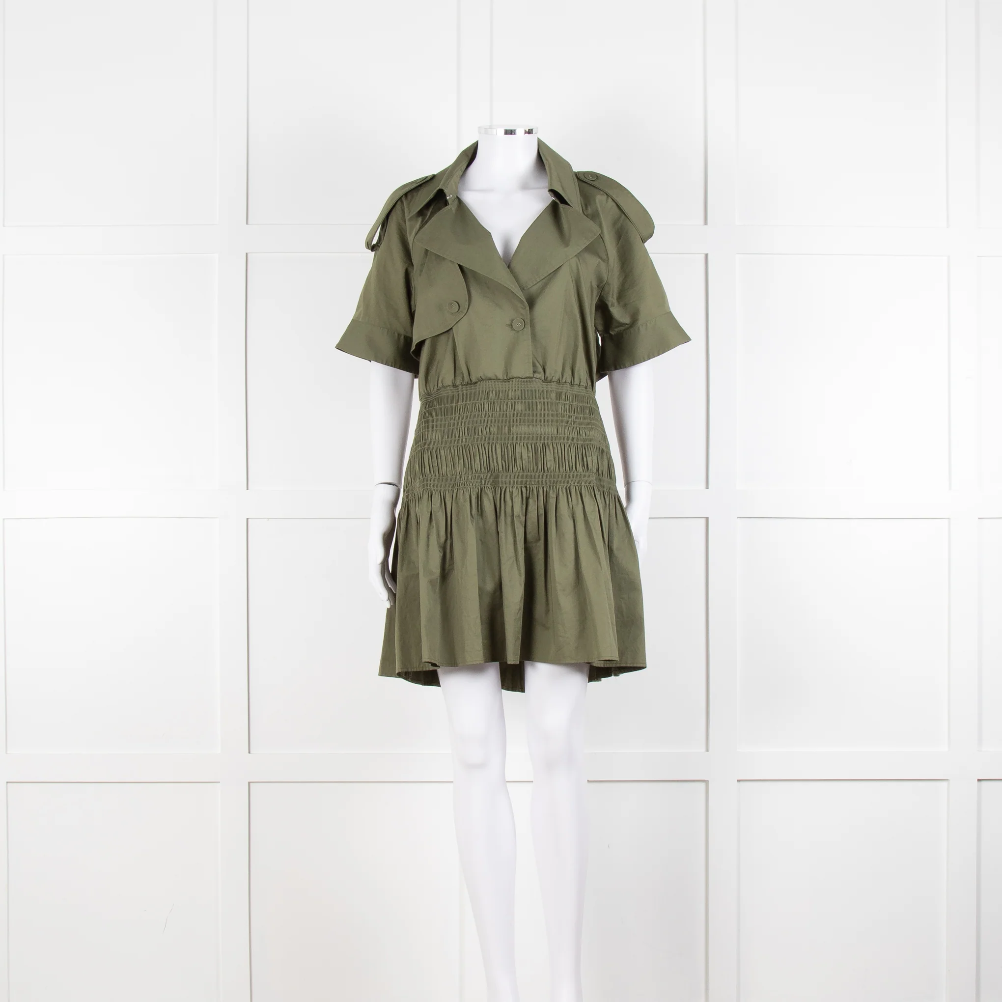 Self-Portrait Green Shirred Waist Trench Style Mini Dress