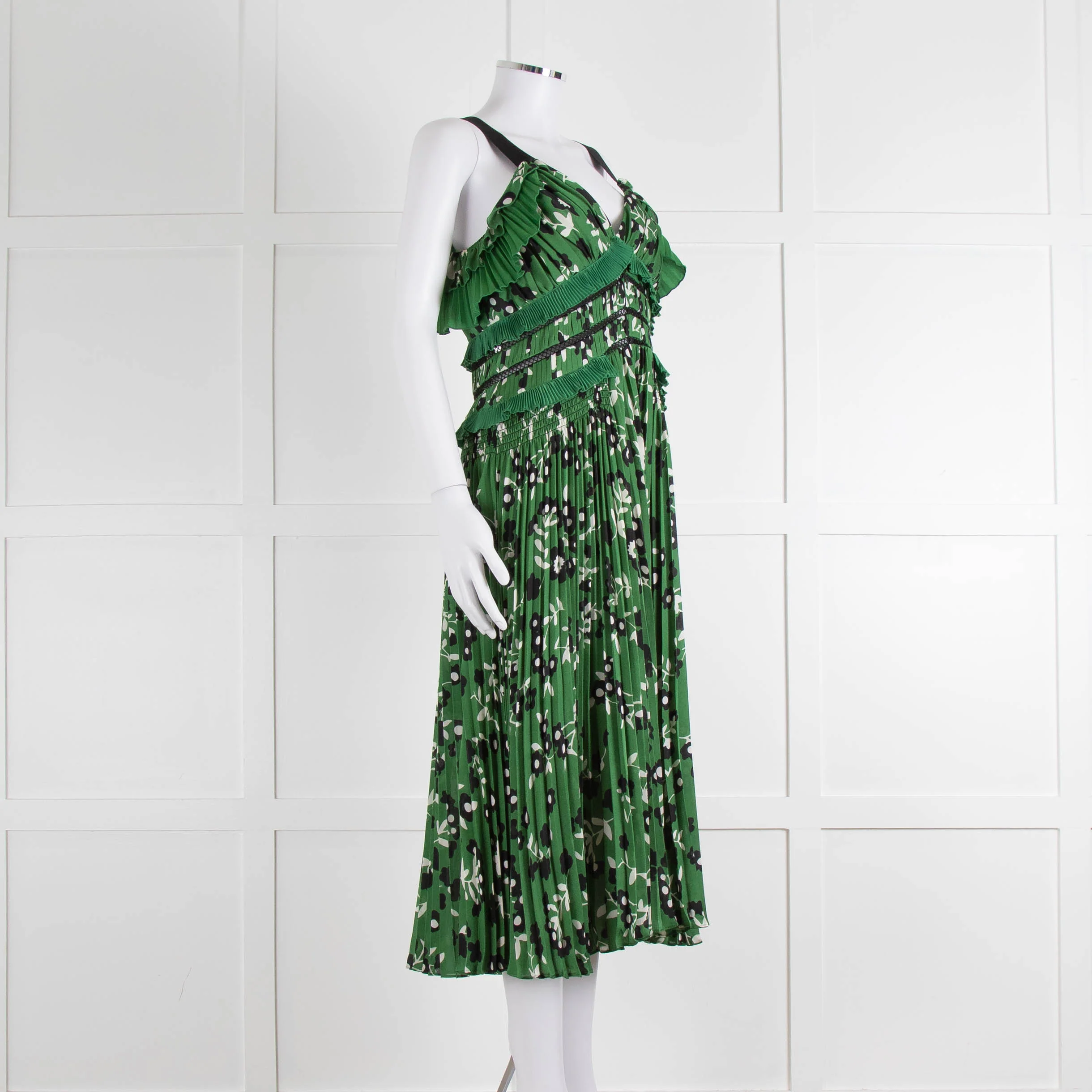 Self Portrait Green White Floral Pleated Sleeveless Midi Dress - Image 2