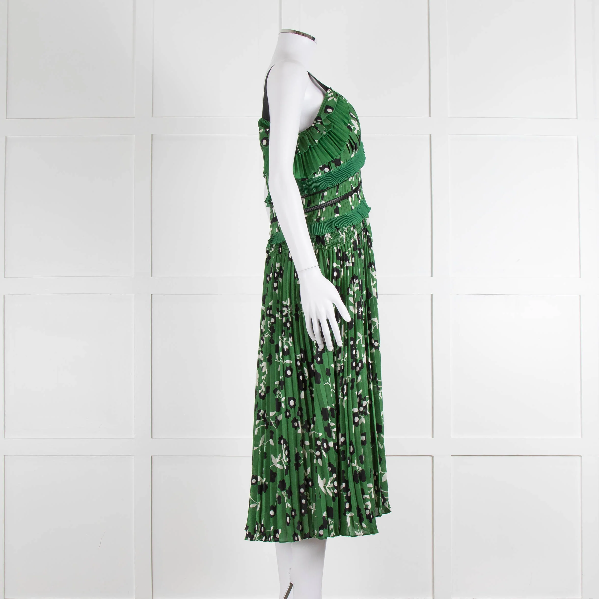 Self Portrait Green White Floral Pleated Sleeveless Midi Dress - Image 3