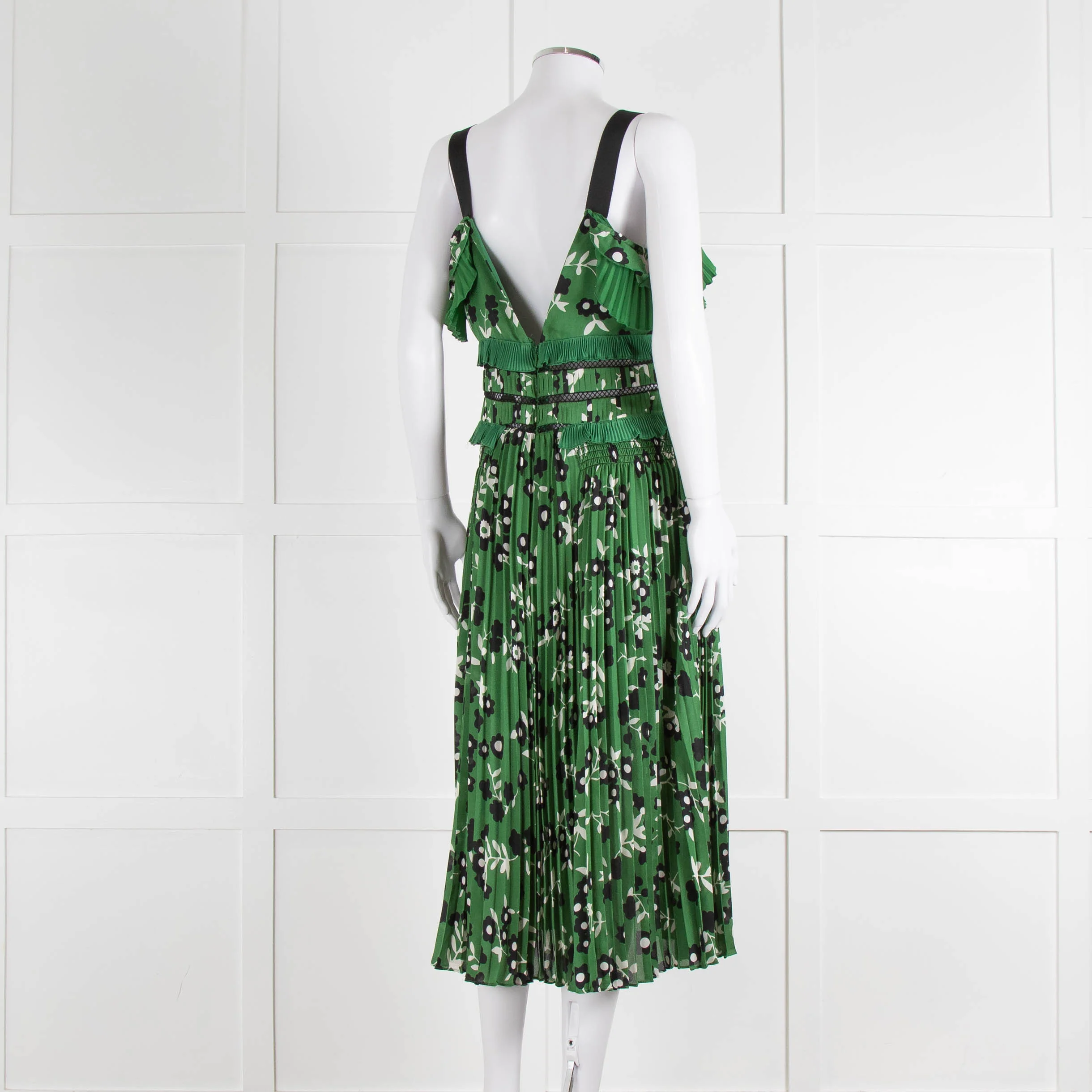 Self Portrait Green White Floral Pleated Sleeveless Midi Dress - Image 4
