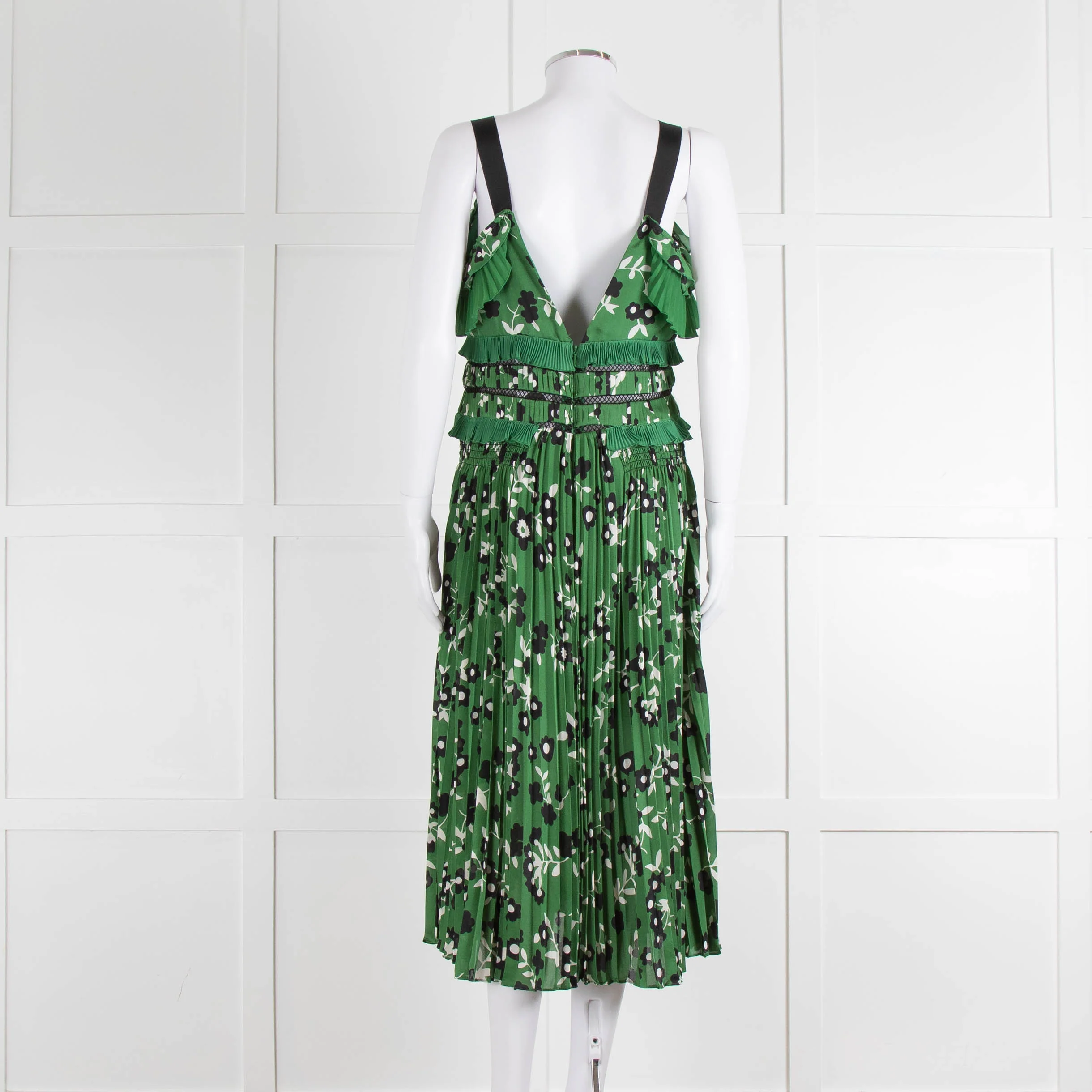 Self Portrait Green White Floral Pleated Sleeveless Midi Dress - Image 5
