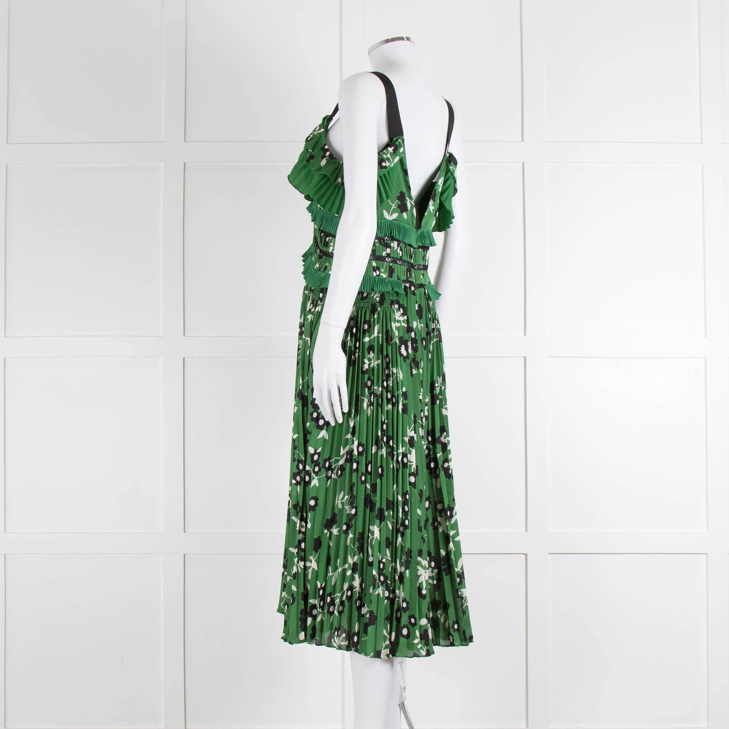 Self Portrait Green White Floral Pleated Sleeveless Midi Dress - Image 6