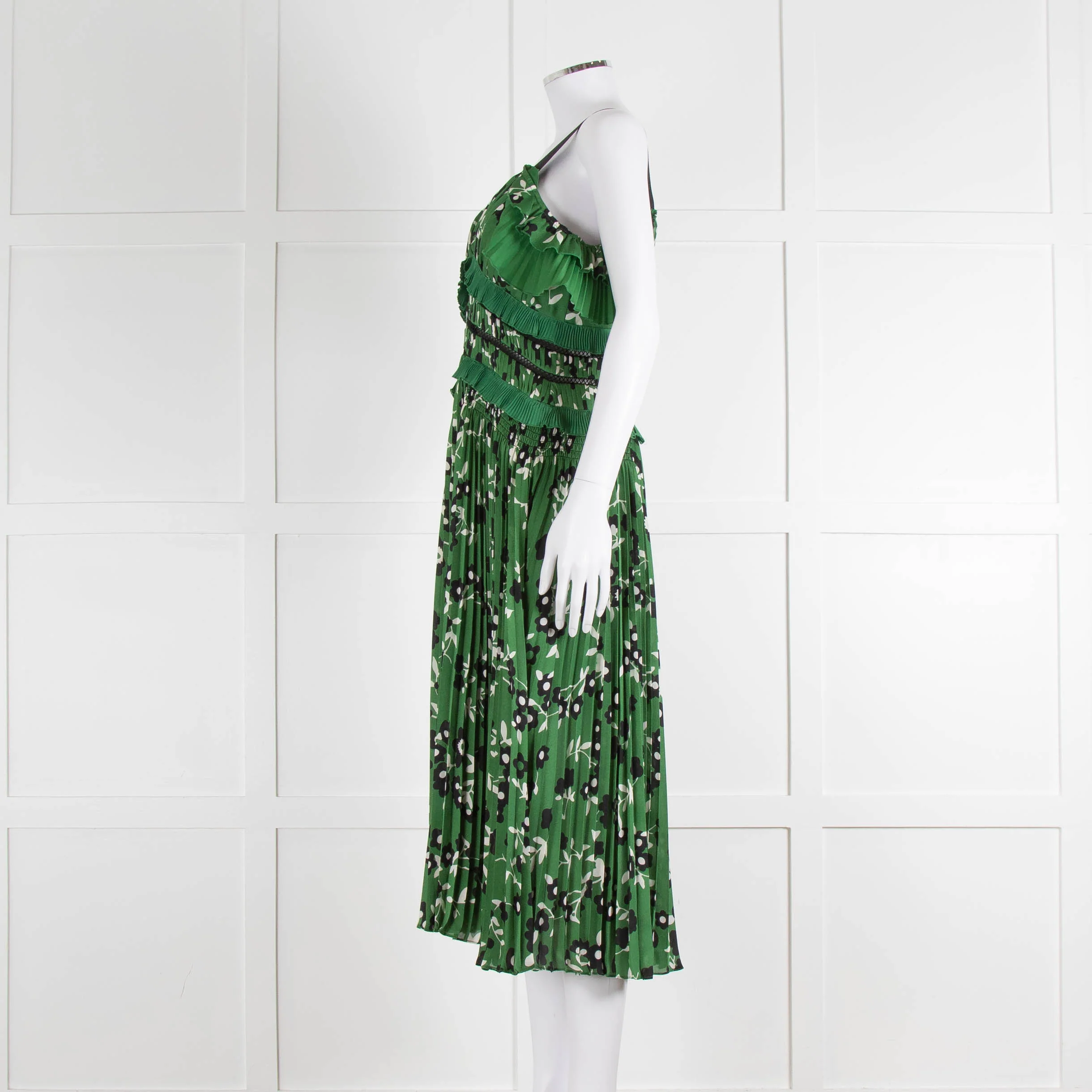Self Portrait Green White Floral Pleated Sleeveless Midi Dress - Image 7