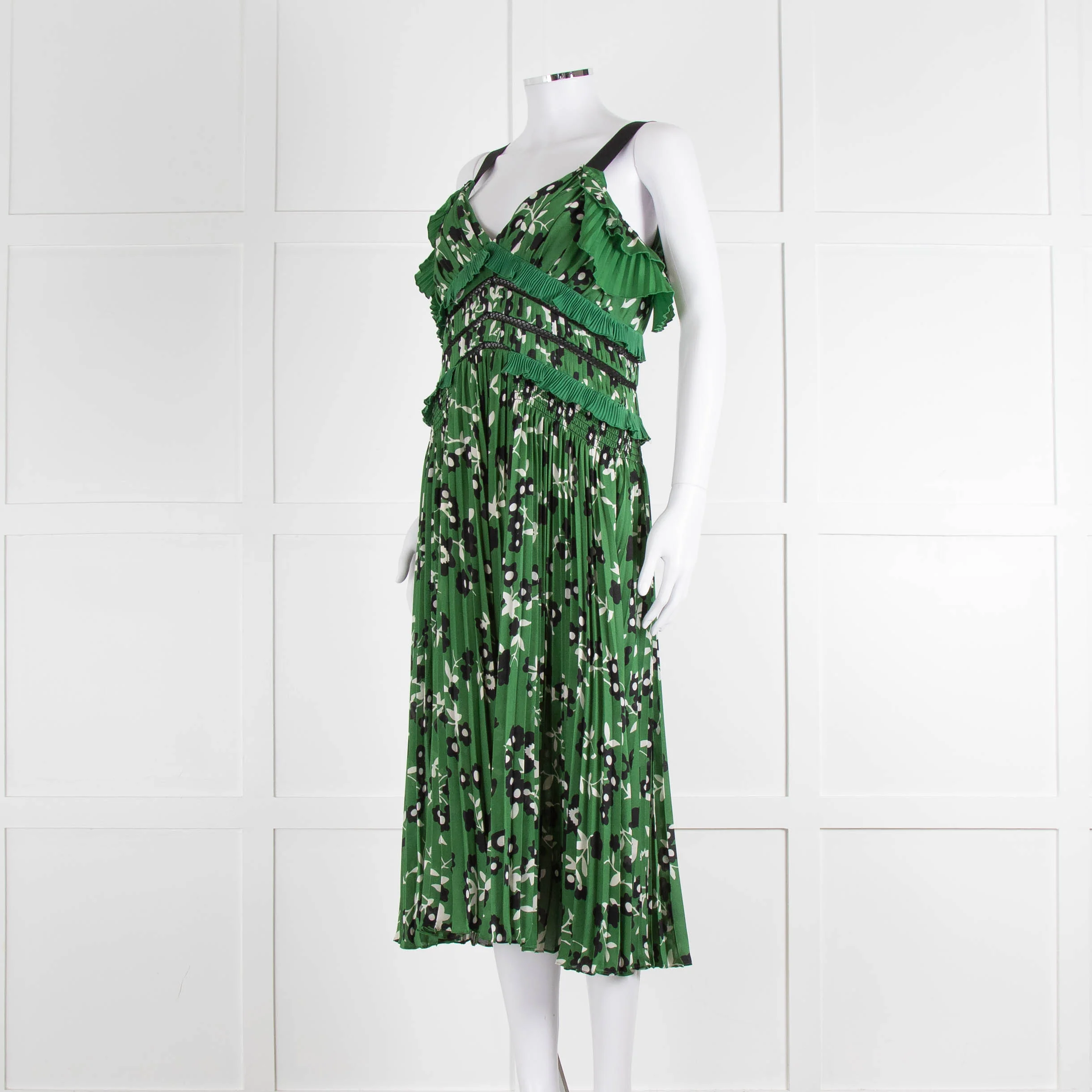 Self Portrait Green White Floral Pleated Sleeveless Midi Dress - Image 8