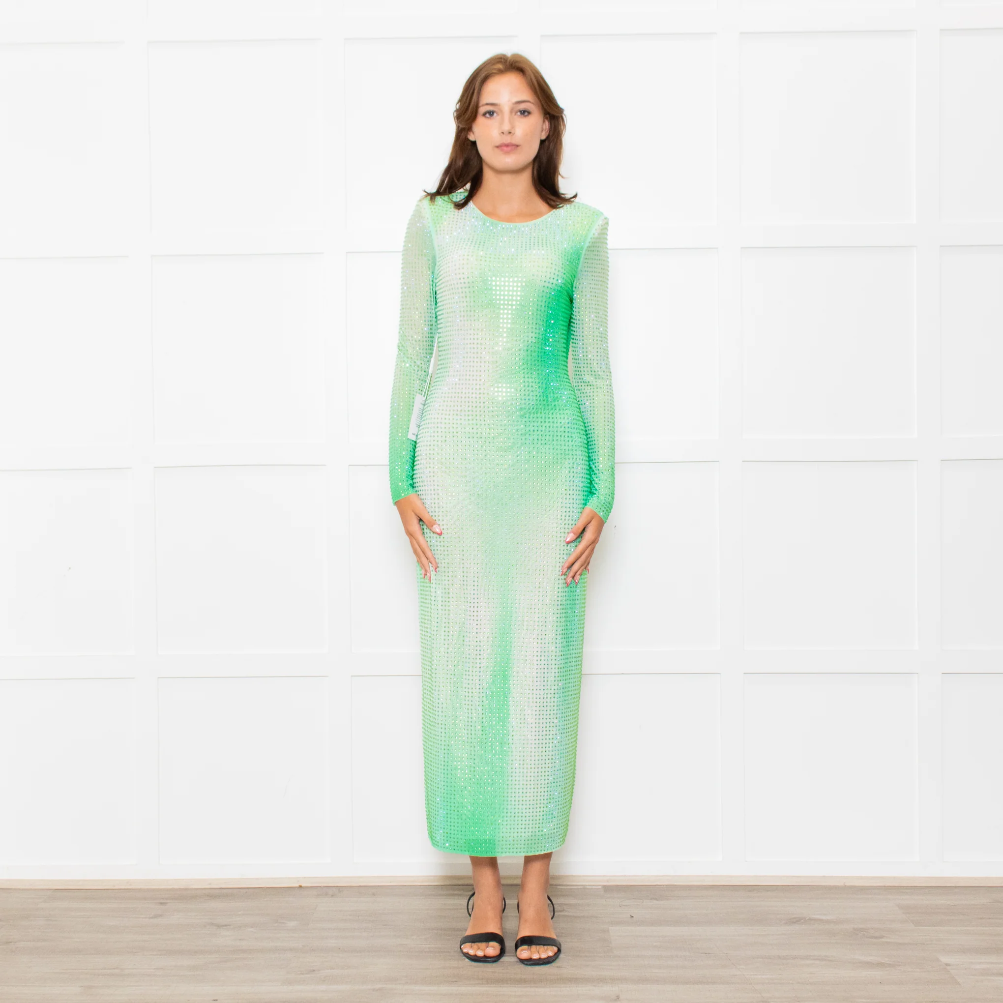 Self-Portrait Green White Green Crystal Embellished Maxi Dress