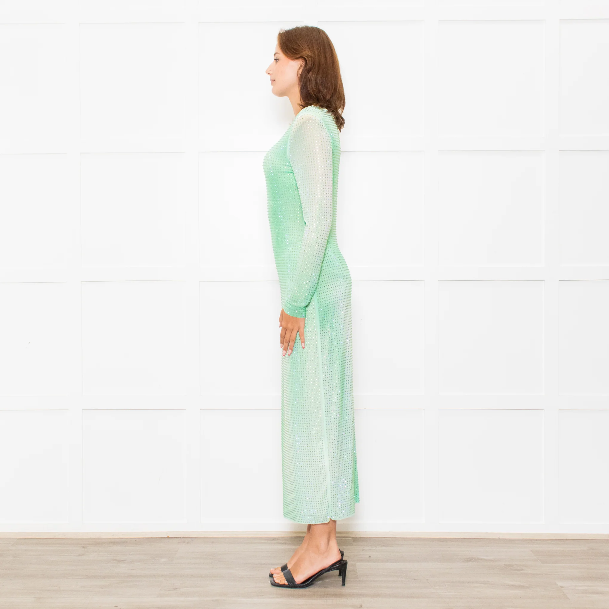 Self-Portrait Green White Green Crystal Embellished Maxi Dress - Image 4