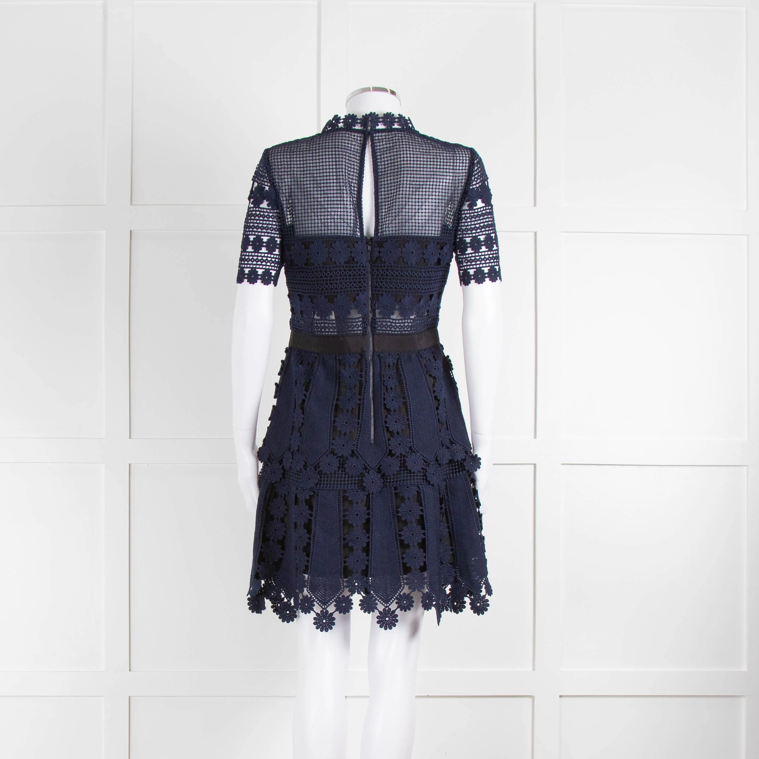 Self-Portrait Navy Blue Lace Short Sleeve Fitted Dress - Image 3