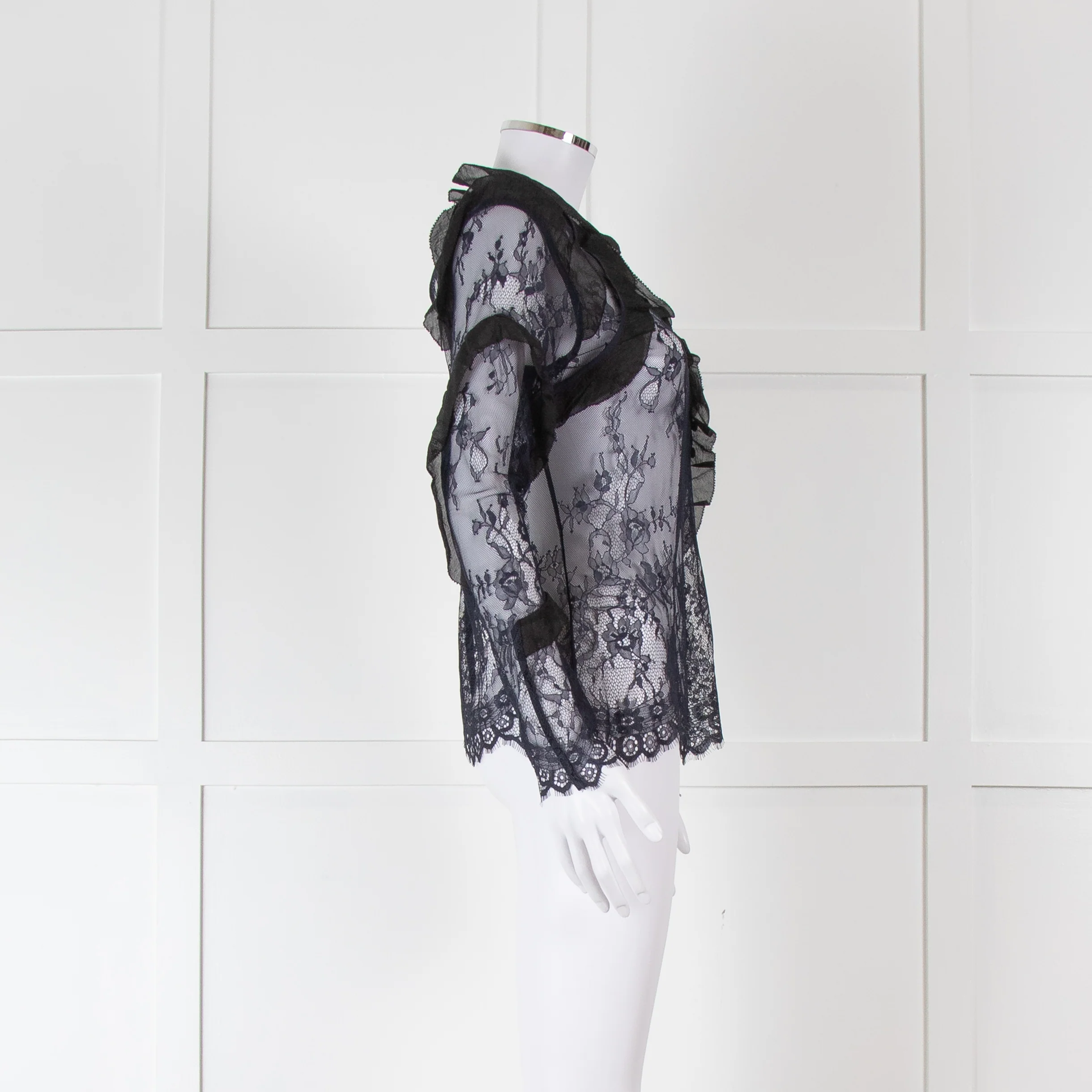 Self-Portrait Navy Lace Long Sleeved Top with Covered Buttons and Frill Detailing - Image 3