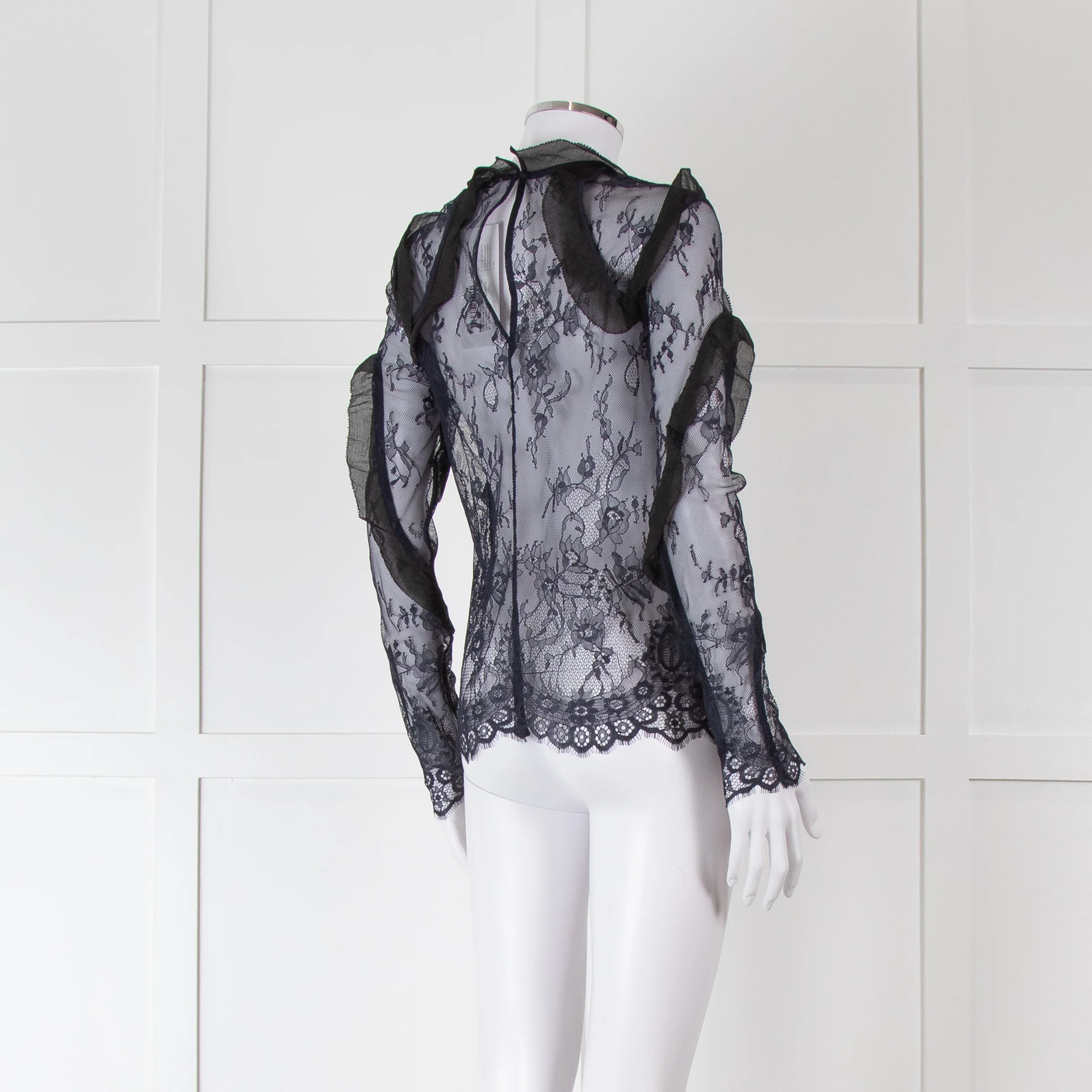 Self-Portrait Navy Lace Long Sleeved Top with Covered Buttons and Frill Detailing - Image 4
