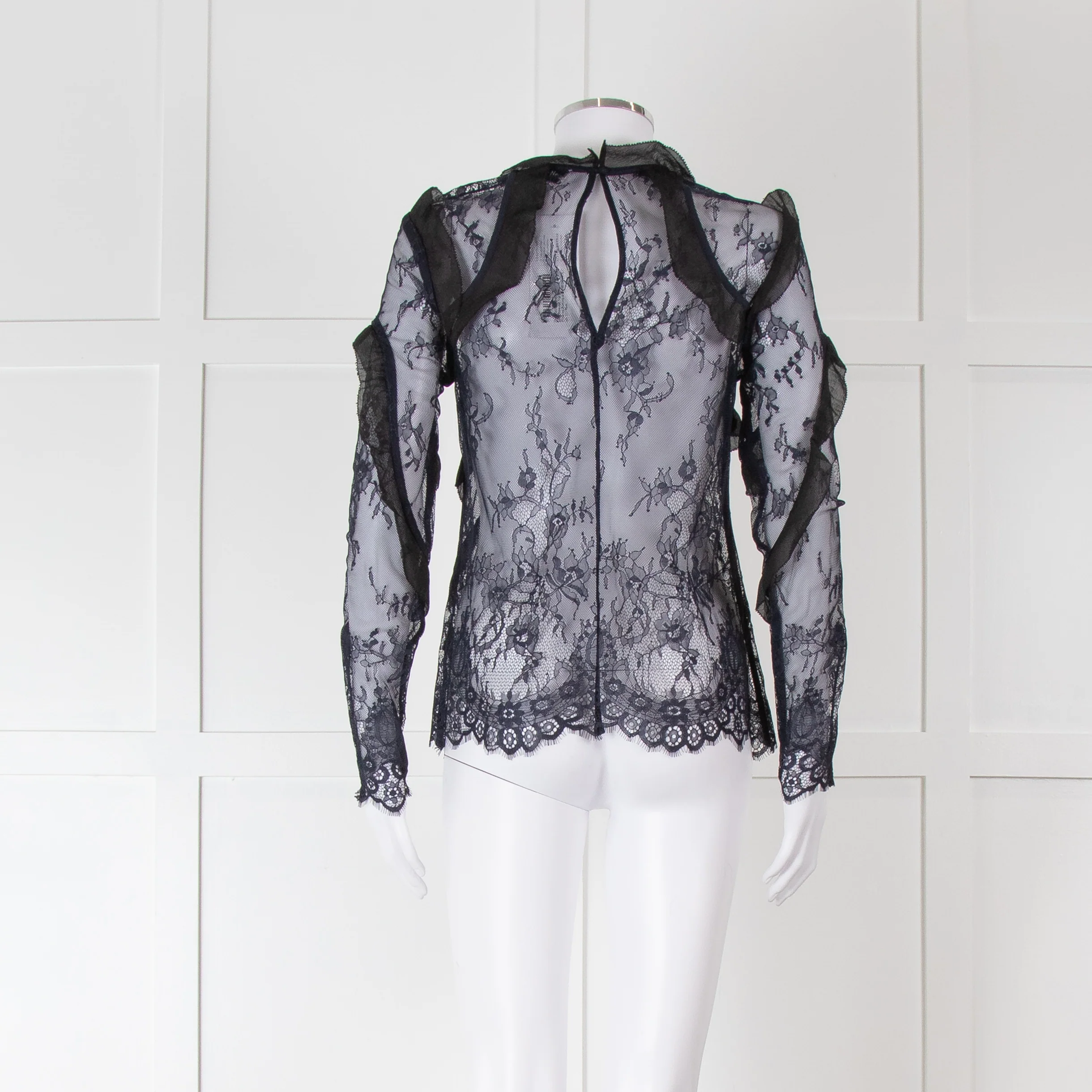 Self-Portrait Navy Lace Long Sleeved Top with Covered Buttons and Frill Detailing - Image 5