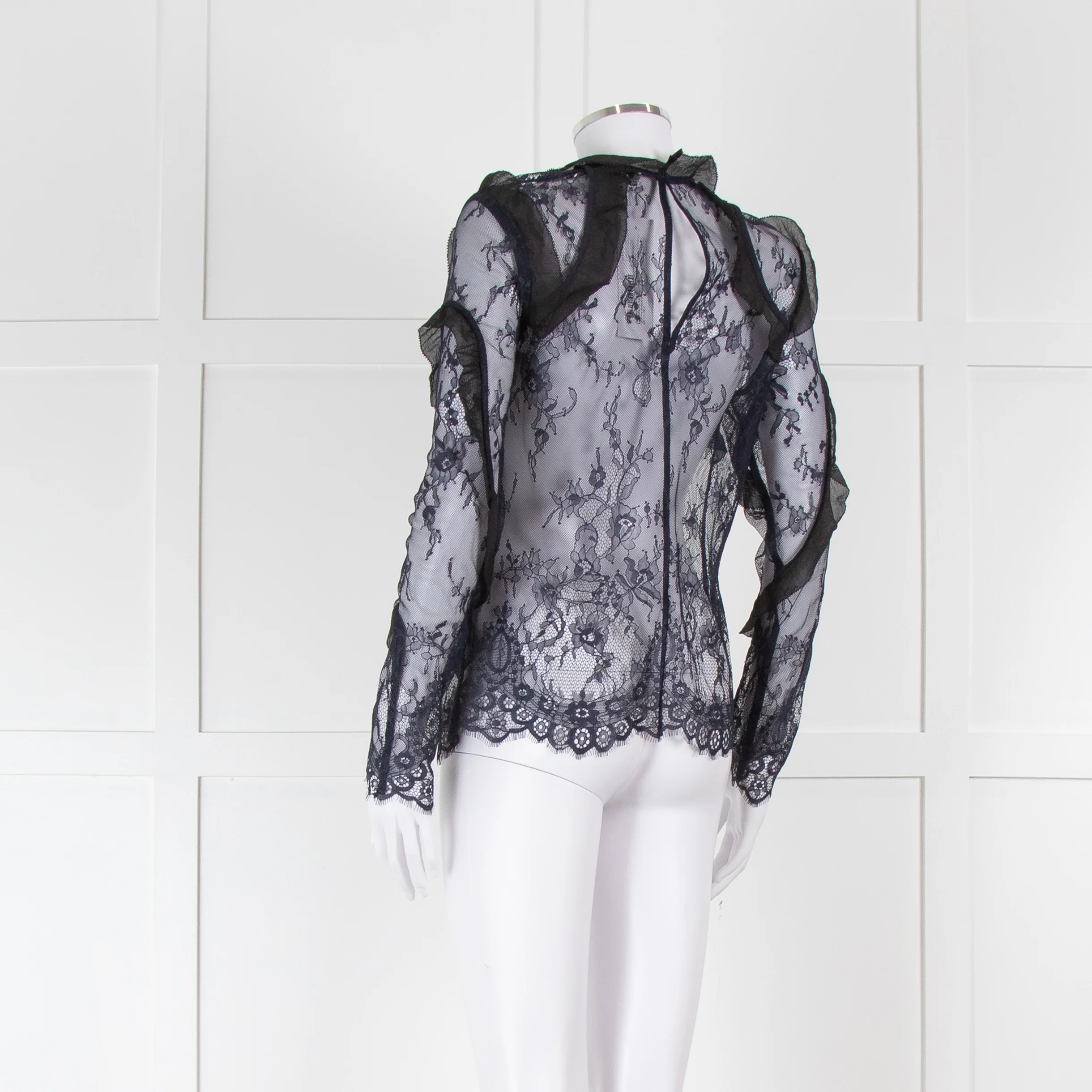 Self-Portrait Navy Lace Long Sleeved Top with Covered Buttons and Frill Detailing - Image 6