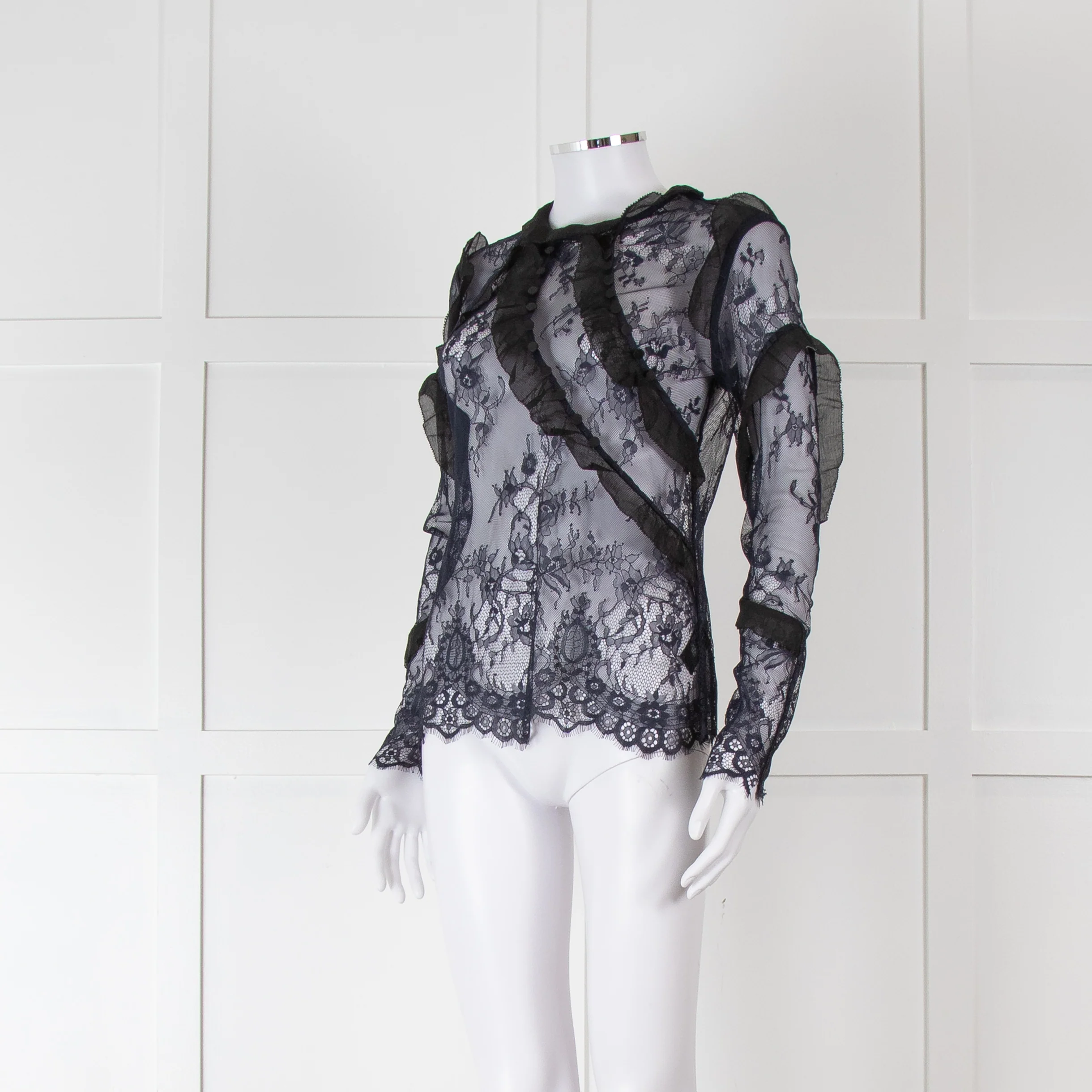 Self-Portrait Navy Lace Long Sleeved Top with Covered Buttons and Frill Detailing - Image 8