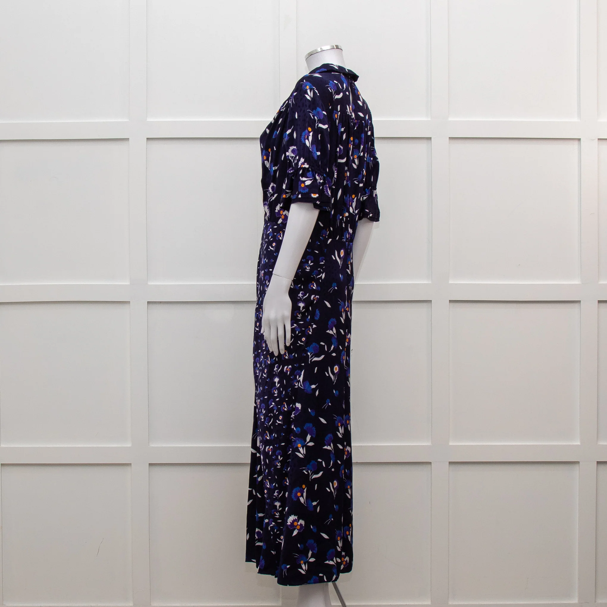 Self Portrait Navy White Floral Short Sleeve Long Dress - Image 3