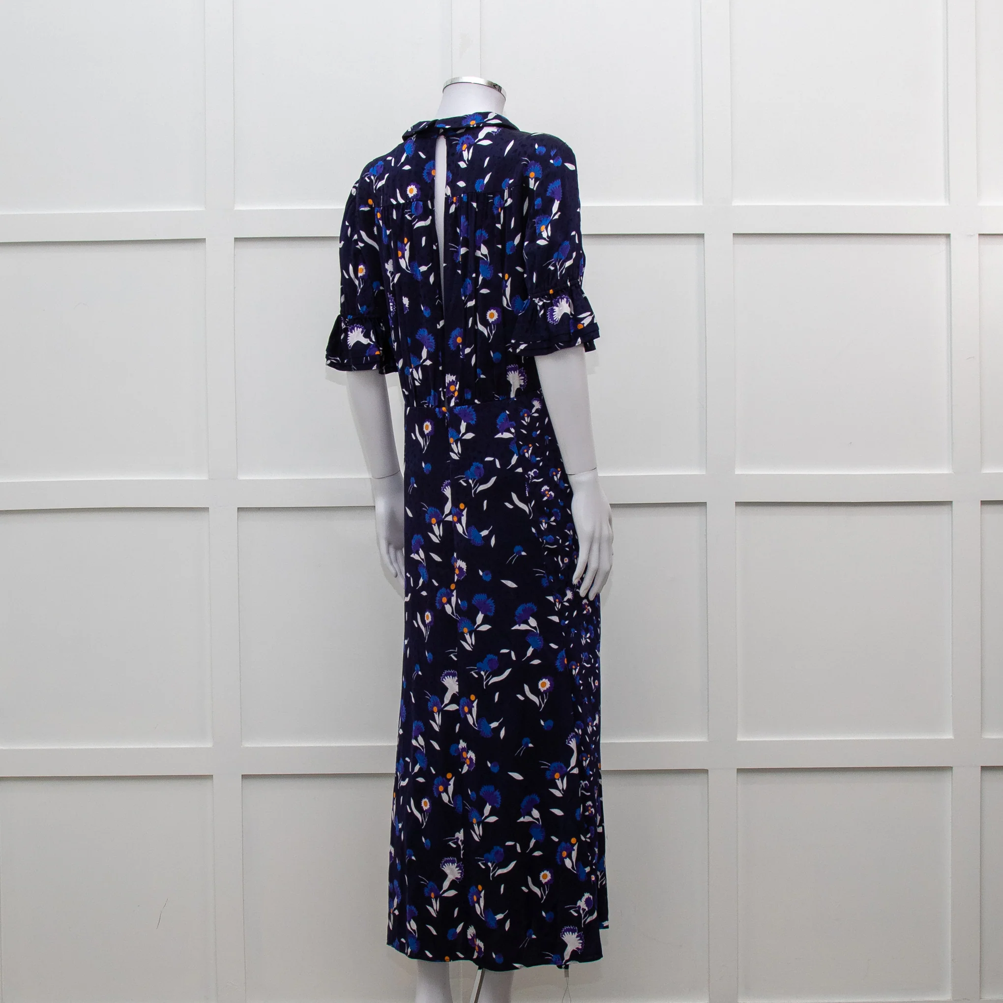 Self Portrait Navy White Floral Short Sleeve Long Dress - Image 6