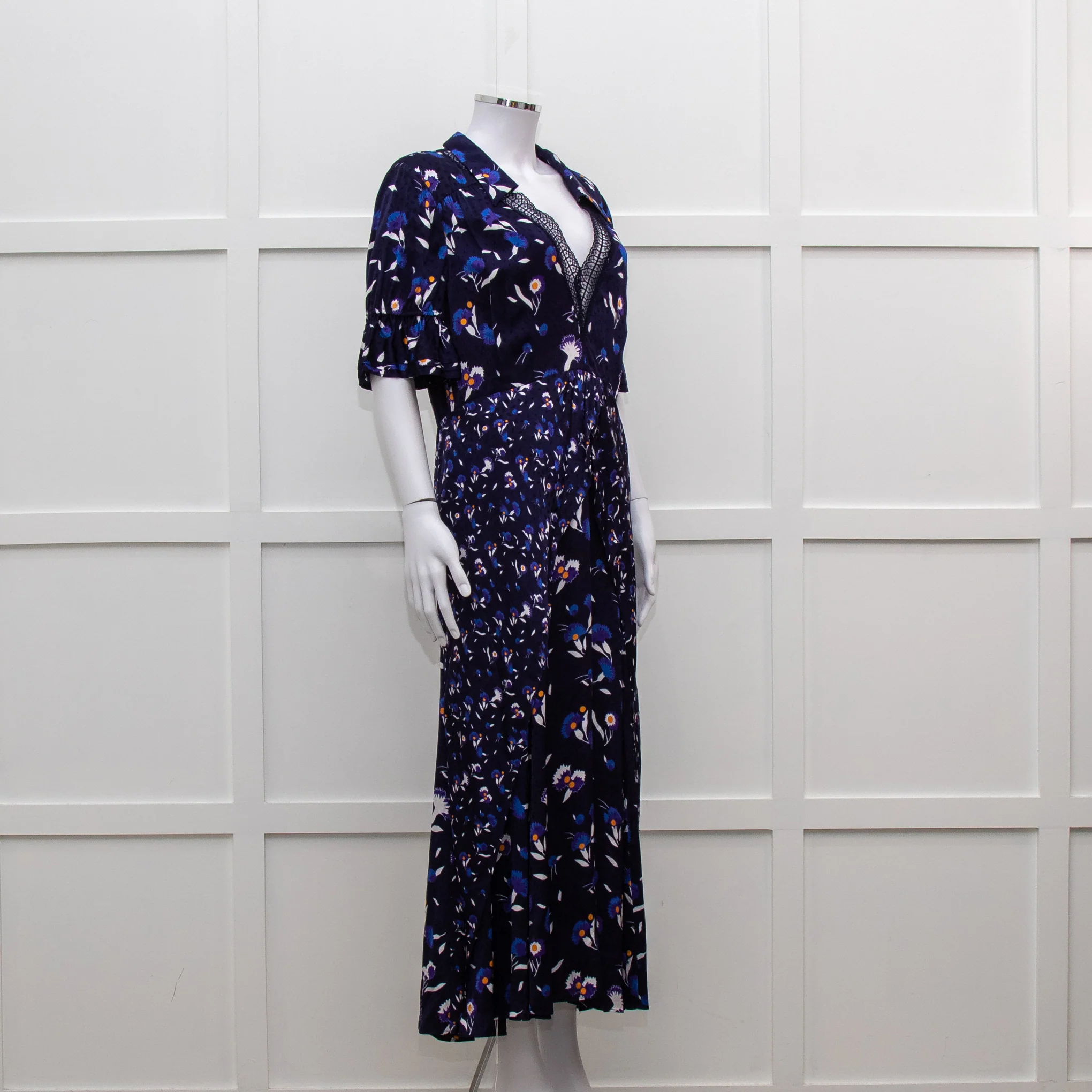 Self Portrait Navy White Floral Short Sleeve Long Dress - Image 8